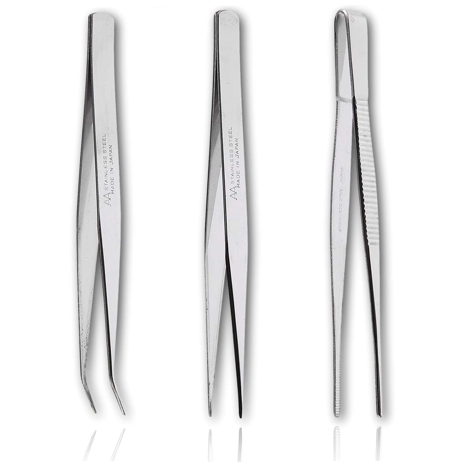 AnexPrecision Tweezers Set for Jewely Making, Craft, and Small Parts and Gauze, 3 Piece Set (Straight, Round, Bent), Made in Japan