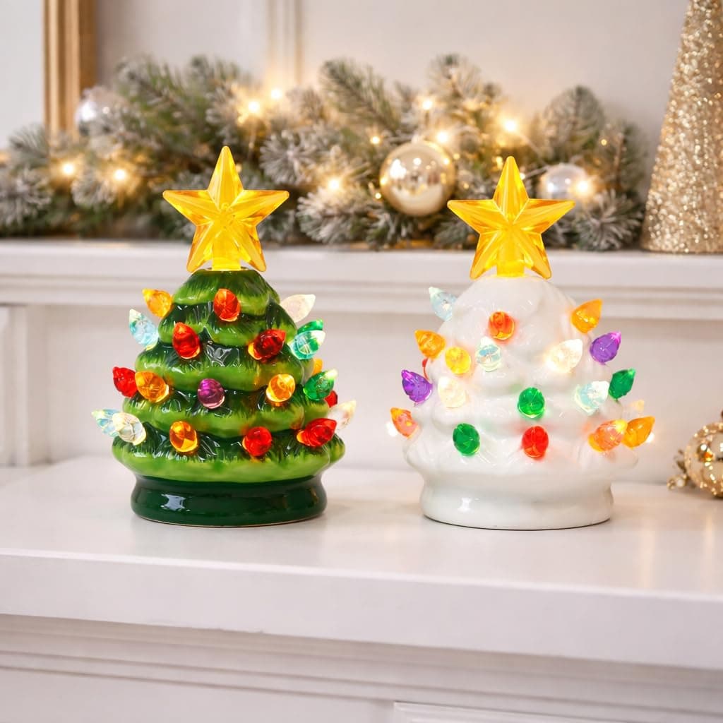 MOMENTS IN TIME Ceramic Christmas Tree Set of 2 Mini 3.5”H LED Light Up Tabletop Trees with Multicolor Bulbs & Star Topper, Battery Operated, Vintage Holiday Décor for Mantel Table or Desk
