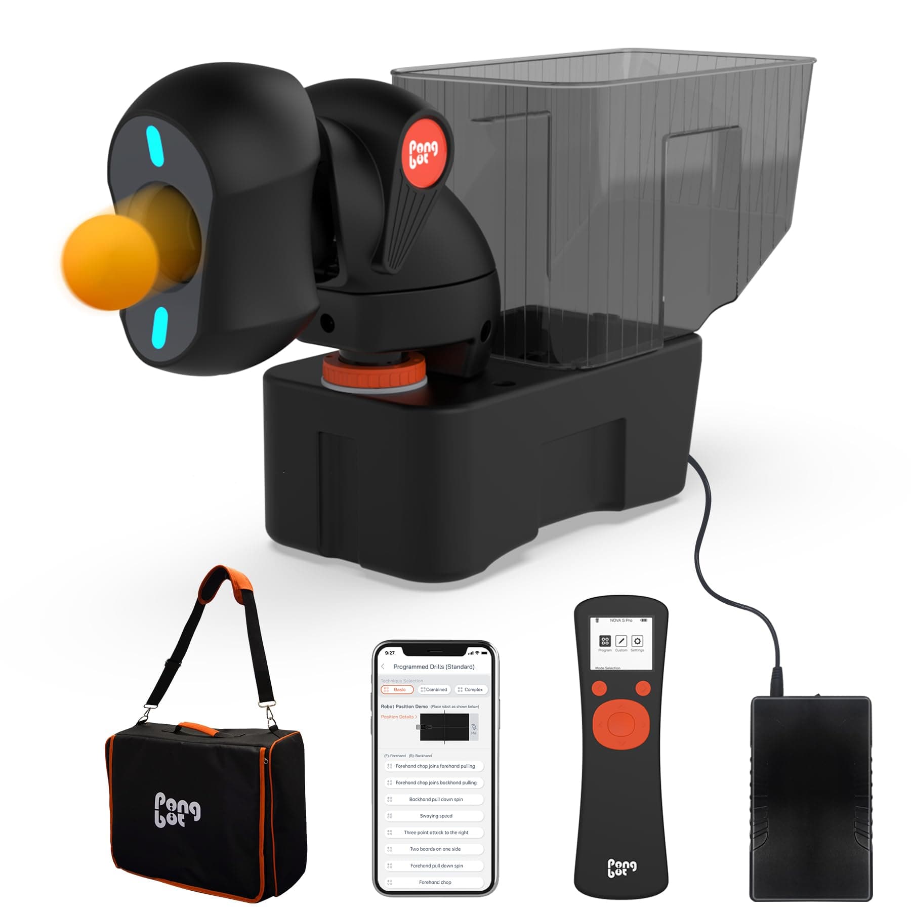 PONGBOT Table Tennis Robot, Remote and APP Control, Portable Carrying Bag, Power Bank, 264 Pre-Saved Training Drills, Custom Programmed Drills