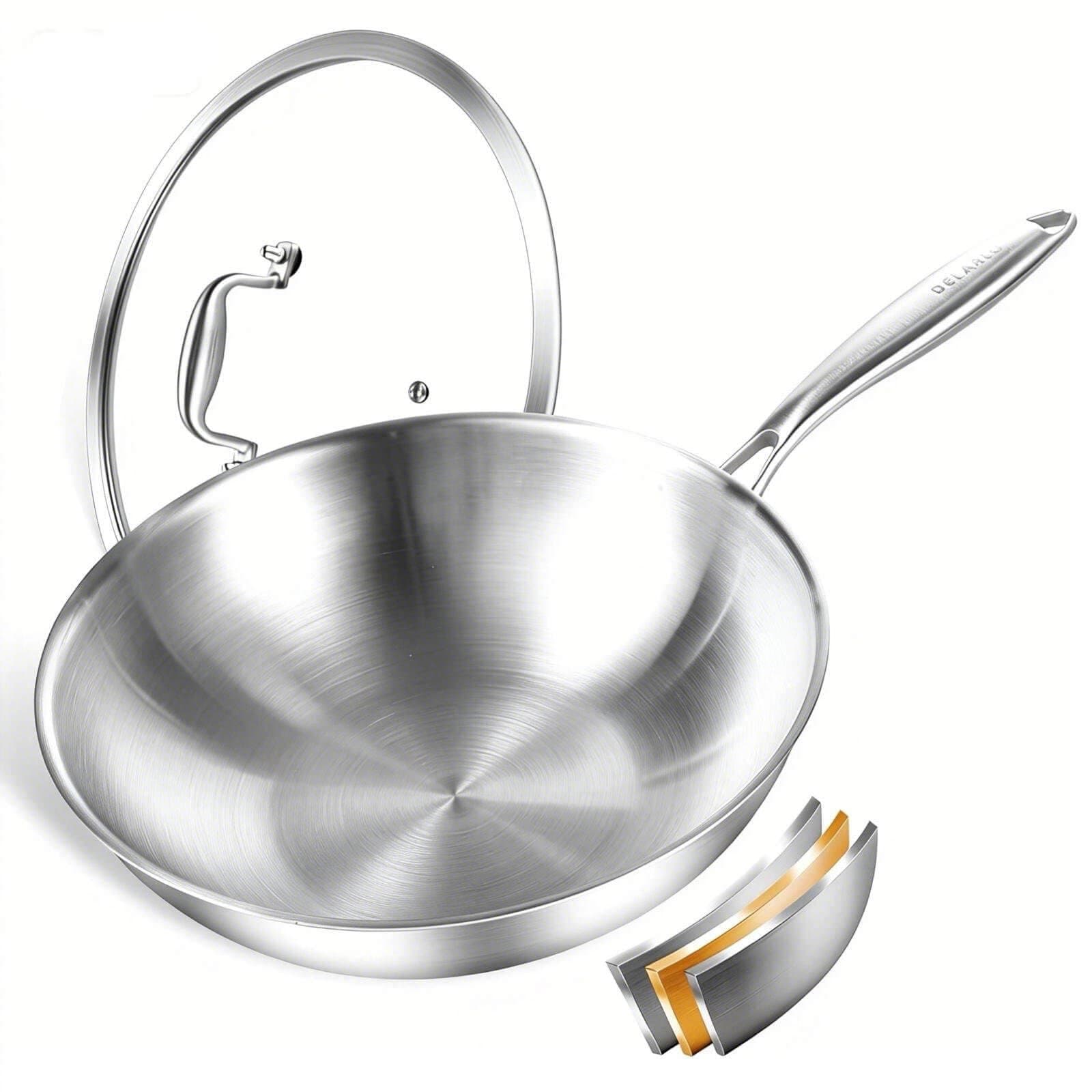 Tri-Ply Stainless Steel Woks, 12 Inch Healthy Non-Toxic Cooking Wok Pan with Lid, Wide & Deep Cookware Stir-Fry Pans, Dishwasher and Oven Safe Up To 600°F, Works on Induction，Detachable Handle
