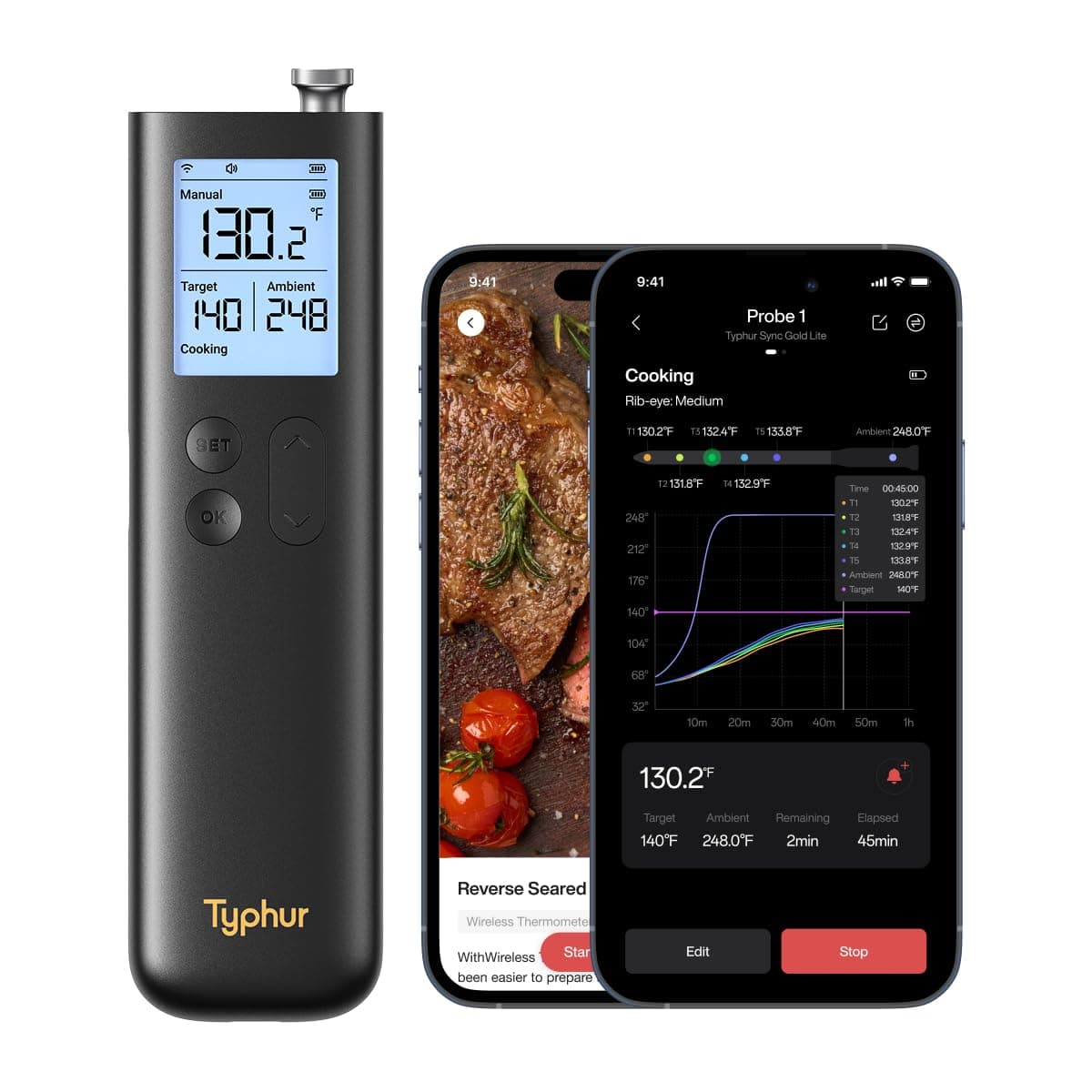 Typhur Sync Gold Wireless Meat Thermometer, Enhanced 10X Sub-1G Signal and Stability, WiFi Unlimited Range, 6 Sensors, Bluetooth Meat Thermometer for BBQ, Oven, Smoker, Grill, Air Fryer, Gen2