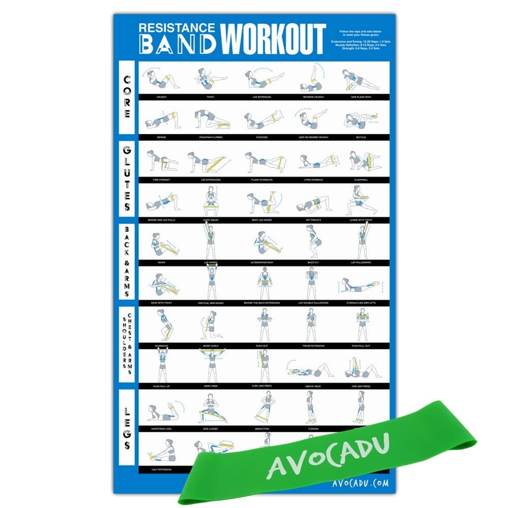 Resistance Band Workout Poster with Loop Resistance Band Included- Premium 16”x 24” Poster with Illustrated Workout Moves for Easy Home Workouts