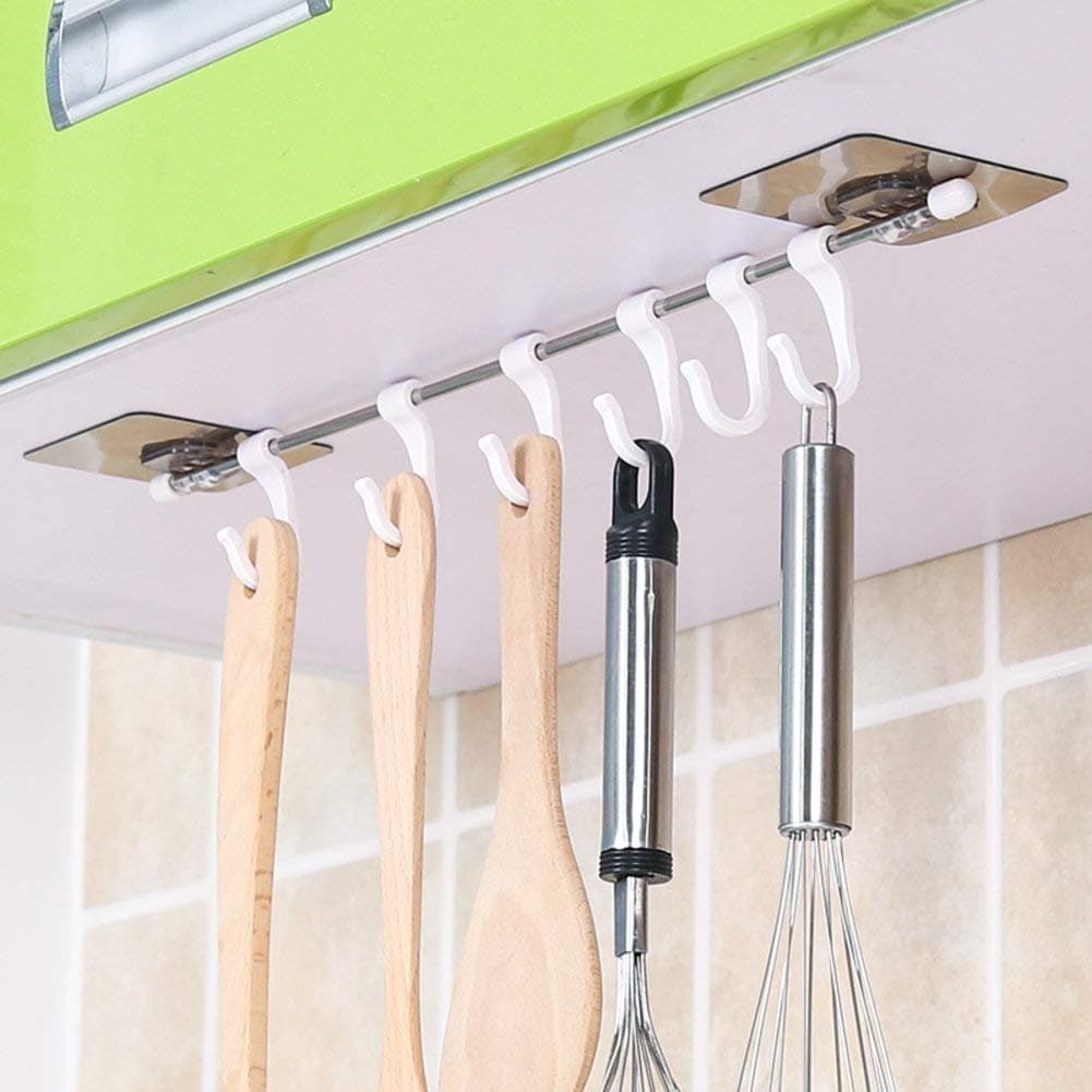 RRD Plastic ABS Stainless Steel Series Self Adhesive Bathroom Towel Utensil Rack Kitchen Magic Sticker 6 Hooks Hanger for Cup (White, 40 X 7 cm)