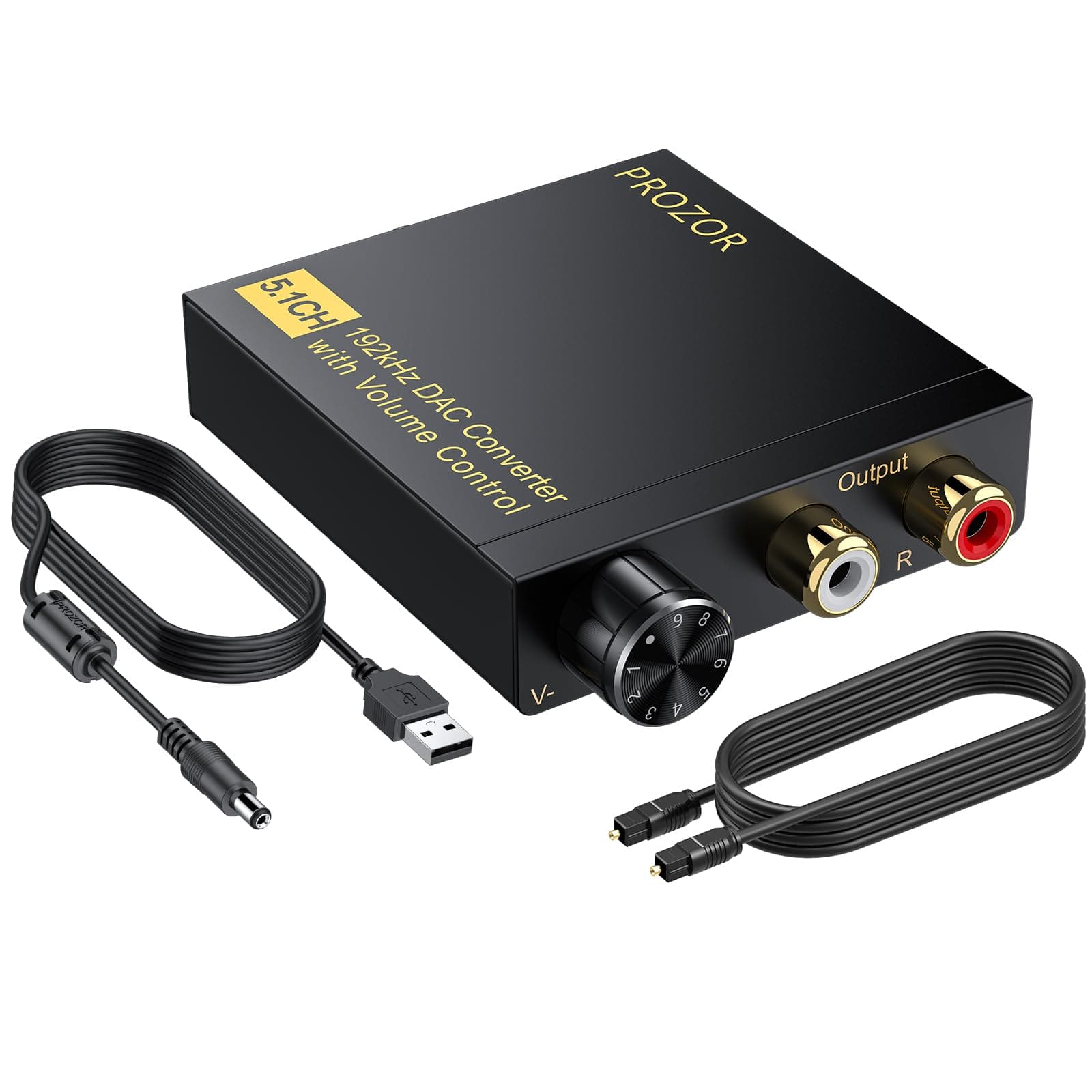 PROZOR DAC Converter 5.1CH 192Khz - Coaxial Optical to RCA Converter Support Volume Control Dolby-AC3 Digital to Analog Audio Converter with 1m/3.2ft Optical Cable for HDTV DVD Game Console Blu-ray