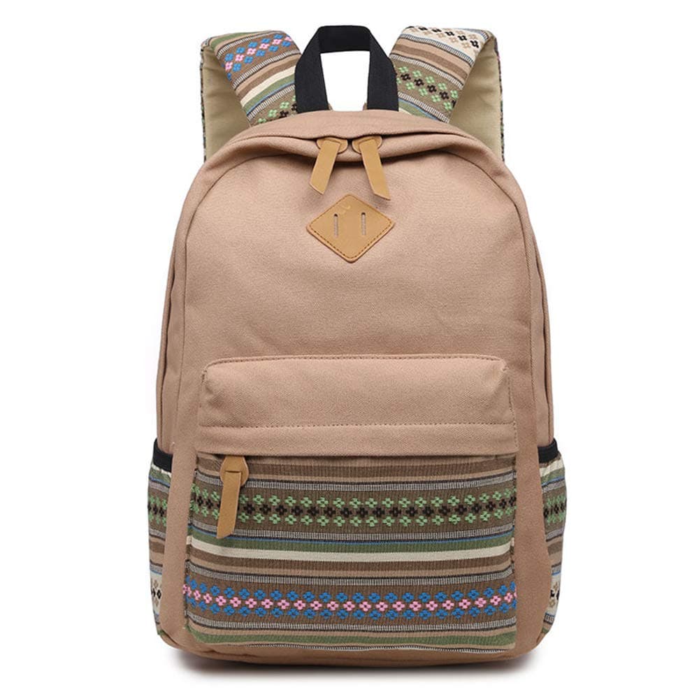 Evay 14 Inch Laptop for Women Vintage College Waterproof School Bags Canvas Multi-Coloured Stripes Rucksack Laptop Rucksack khaki