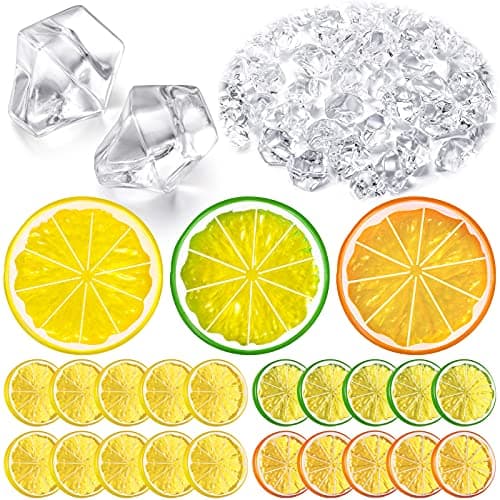 300 Pieces Clear Fake Crushed Ice Cubes Rocks and 20 Pieces Simulation Lemon Slices, Artificial Fruits and Acrylic Diamonds Clear Ice for Vase Fillers Table Centerpiece Decor Wedding (1.6 x 0.3 Inch)