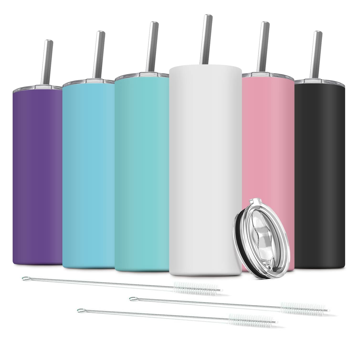 6 Pack Stainless Steel Skinny Tumbler, 20 OZ Double-Insulated Water Tumbler Cup with 6 Straw and 3 Brush, Vacuum Travel Mug Gift for Hot Cold Drinks with Cleaning(Assorted Colors)