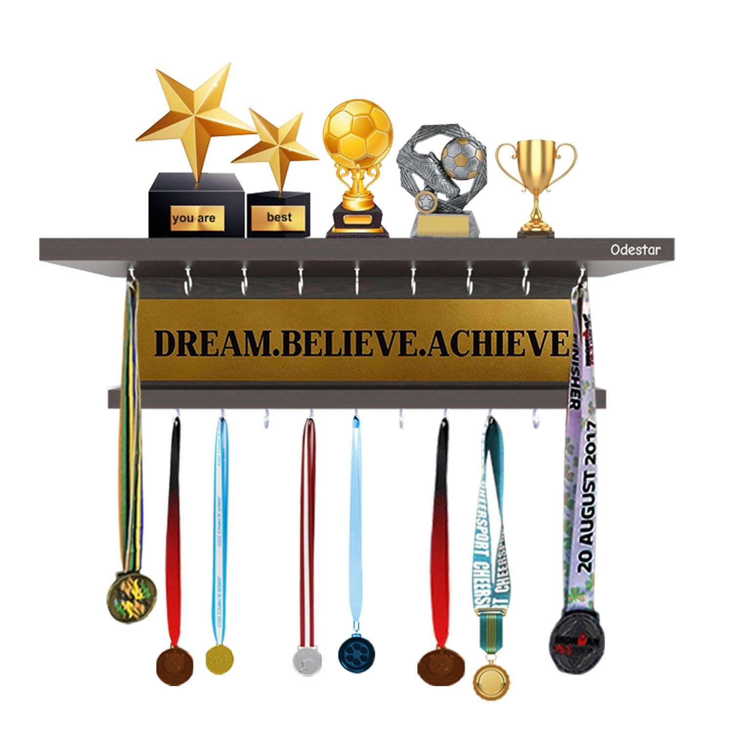 Odestar Engineering Wood Premier Award Medal Display Rack and Trophy Shelf- (Brown, Large)