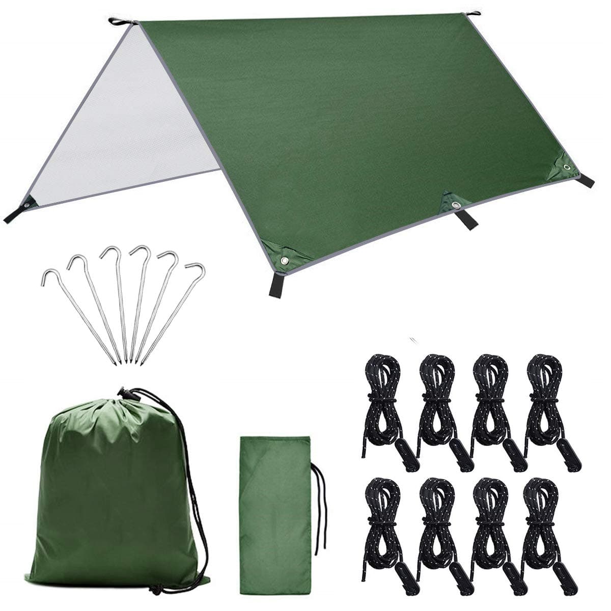3m x 3m Camping Tent Tarp Shelter, Camping Tarpaulin Anti UV, Lightweight Hammock Rain Fly Waterproof, Camping Tarp Shelter with 6 Aluminium Stakes, 8 Ropes and Carrying Bag for Outdoor Picnic