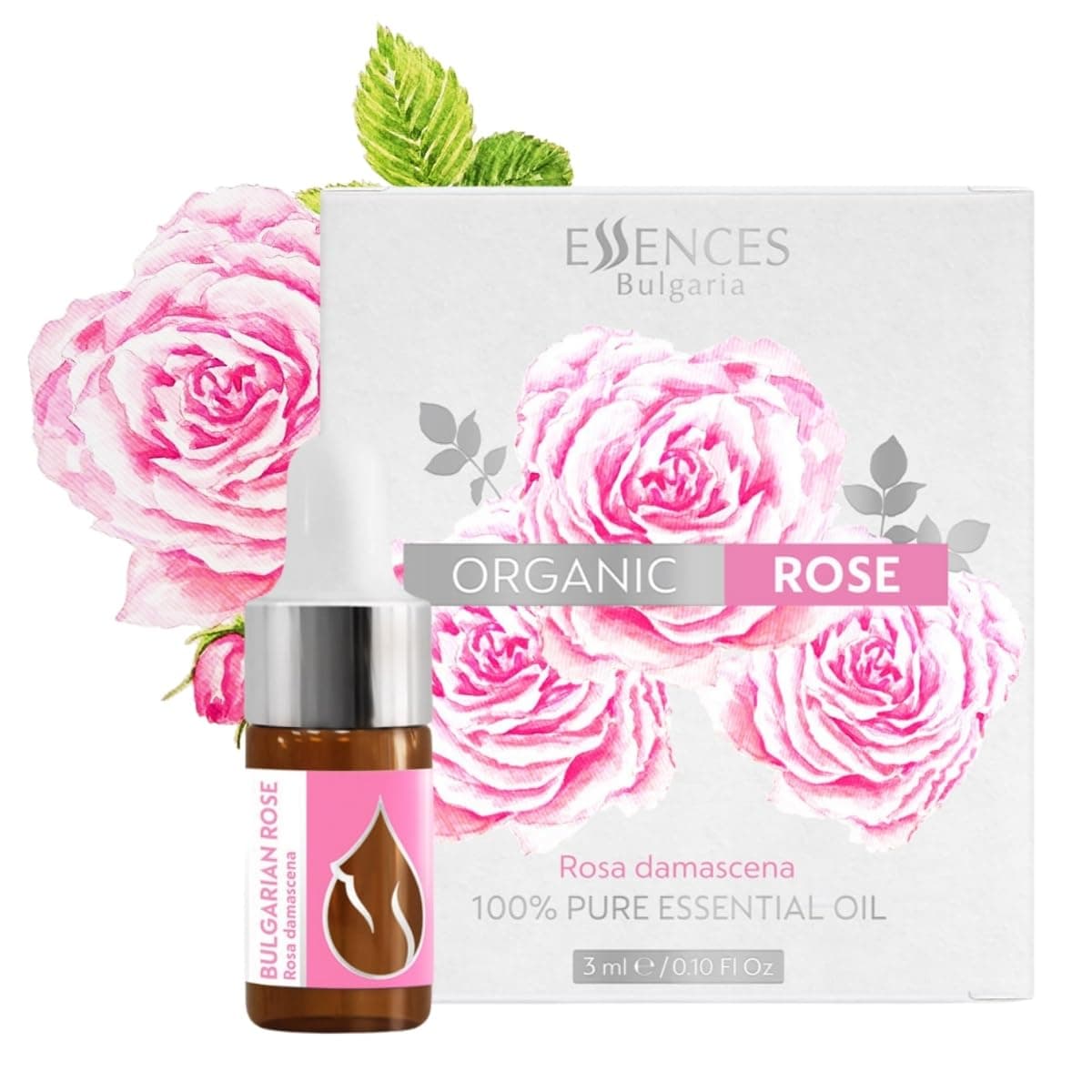 Essences Bulgaria Organic Rose Essential Oil 0,1 Fl Oz | 3ml | Rosa Damascena | 100% Pure and Natural | Undiluted | Therapeutic Grade | Family Owned Farm | Steam-Distilled | Non-GMO | Vegan