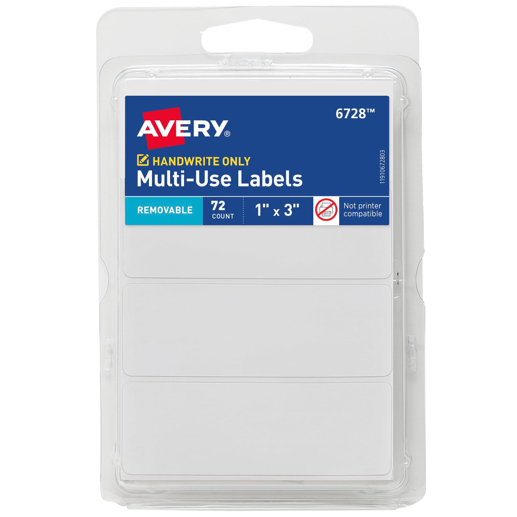 Avery Multi-Use Removable Labels, 1" x 3", White, Non-Printable, 72 Blank Labels Total (6728)