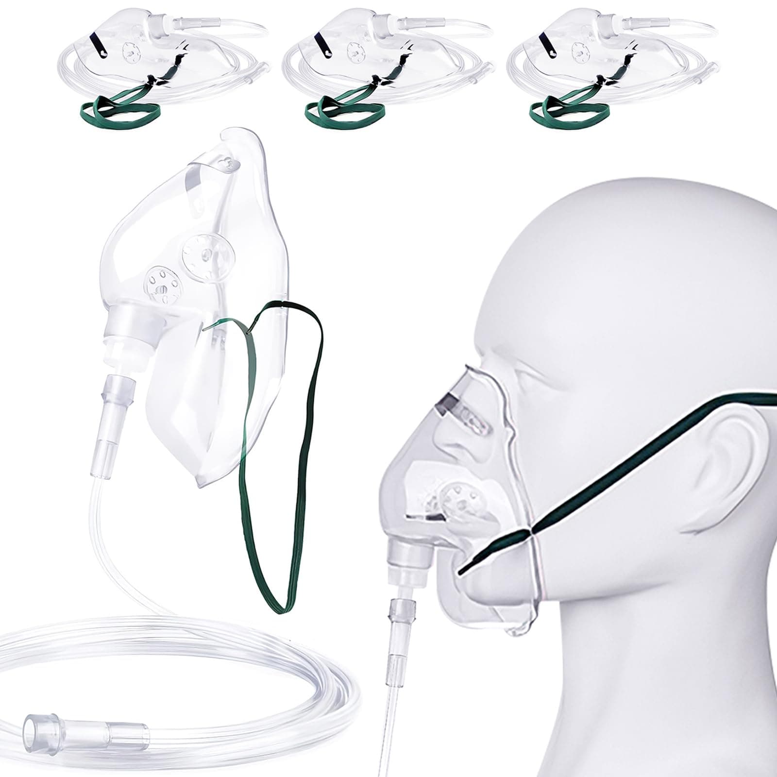 3 Pack Oxygen Mask for Adult Face with 7' Tube & Adjustable Elastic Strap- Size XL (Clear)