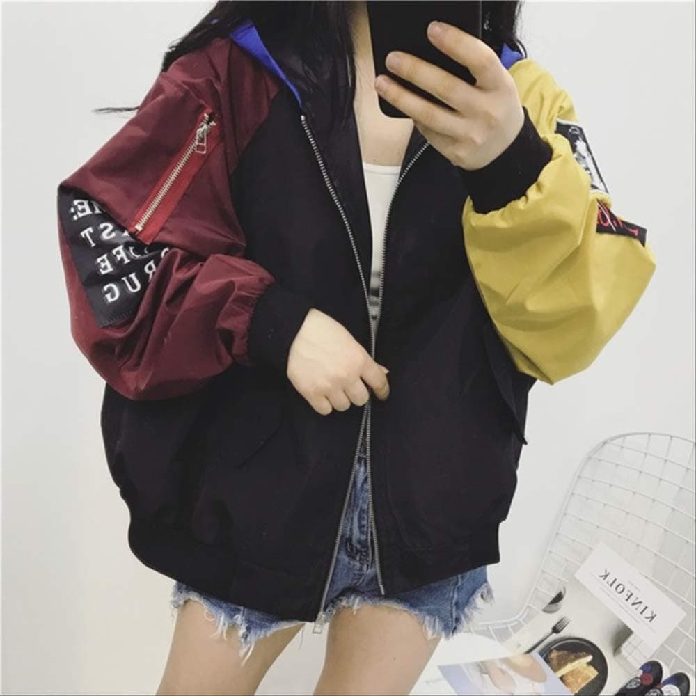 yishouhengcheng Jackets for Women Women's Jacket Spring Autumn Women Contrast Short Jacket Long Sleeve Zip Letter Jacket Korean Loose Patch Coat Female 1 Piece