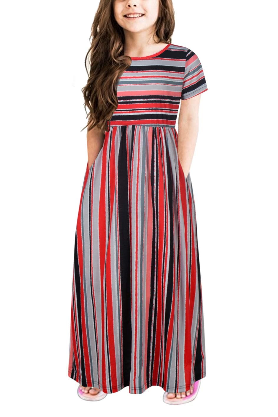 GORLYAGirl's Short Sleeve Floral Print Loose Casual Long Maxi Dress with Pockets 4-12 Years