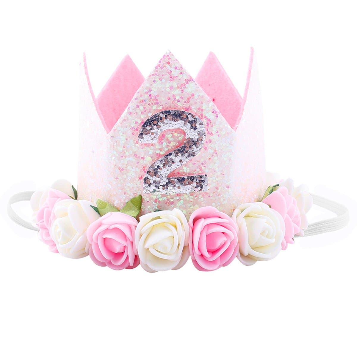 Glitter 1/2 1st Birthday Princess Flower Crown Tiara Headband Cake Smash Photo Prop for Baby Girl (Baby Pink "2")