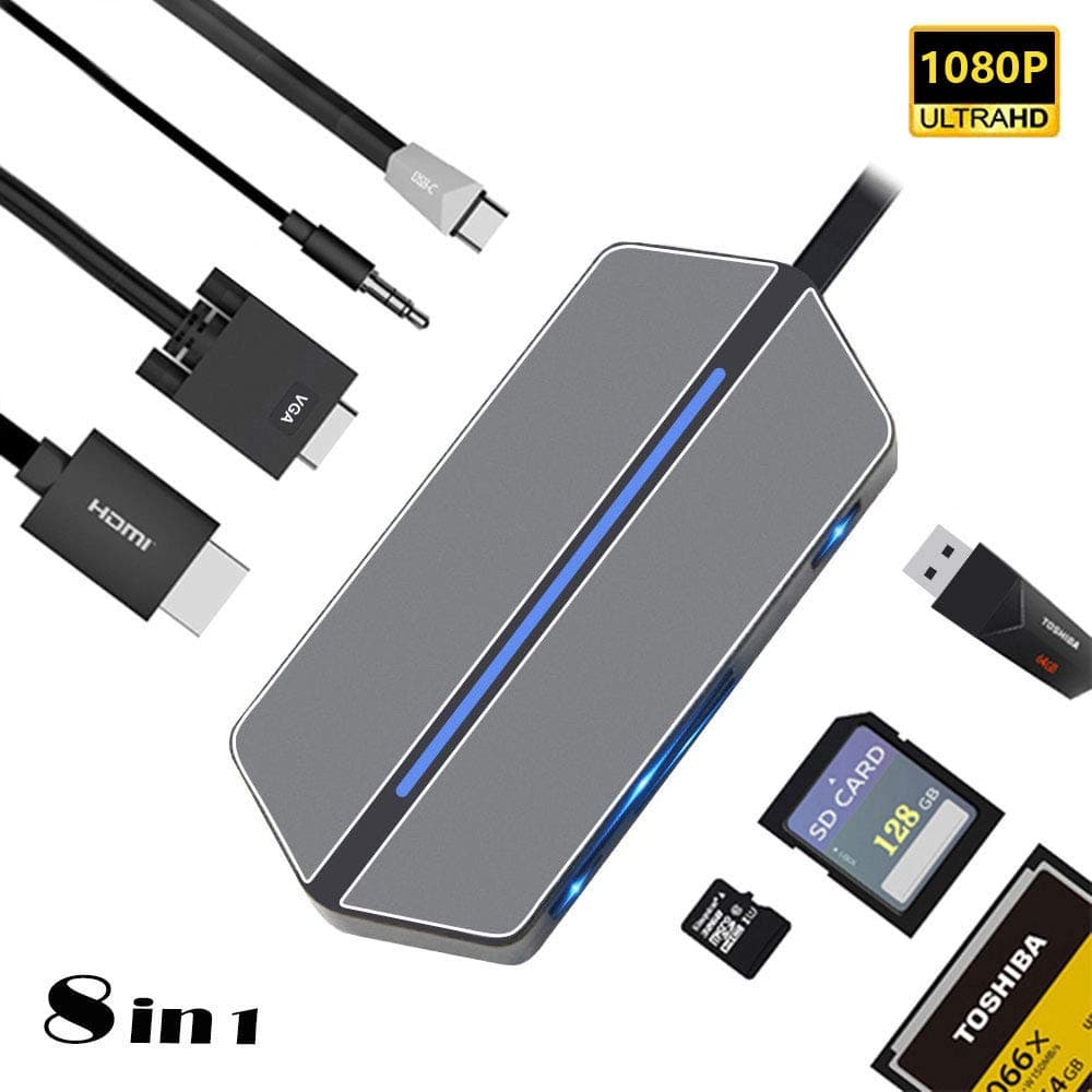 USB C Hub HDMI Adapter, SOAI 8-in-1 Type C Hub with USB 3.0, VGA, SD/CF/TF Card Reader, Audio Input and Power Deliver for MacBook, Samsung, Lenovo, ChromeBook and Other laptops (Gray)