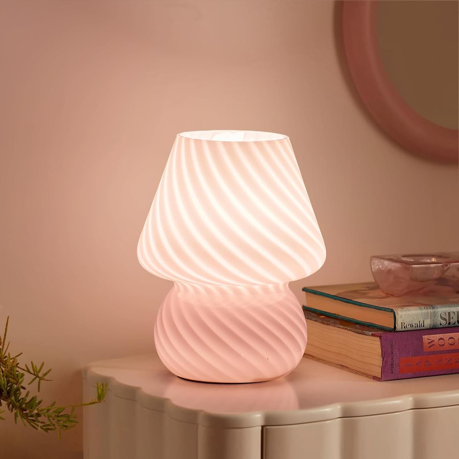 Glass Mushroom Bedside Table Lamp Translucent Vintage Style Striped Small Nightstand Desklamp Swirl Light,Nightstand Lamp for Bedroom,Living Room,Cafe,Bulb Included,Gift (Pink stripe)