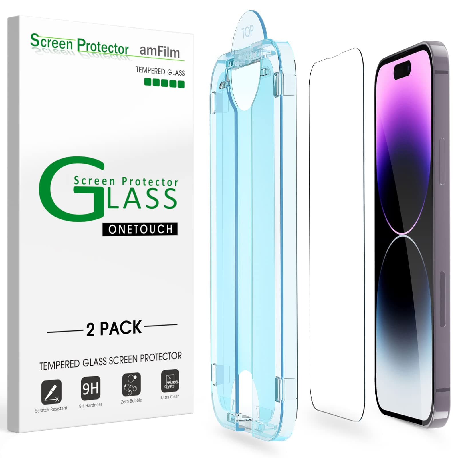 amFilm Easiest Installation OneTouch for iPhone 14 Pro [6.1 Inch] Screen Protector Tempered Glass, Auto-Alignment Tech, Bubble Free and Full Coverage Case Friendly, Anti-Scratch 2 Pack