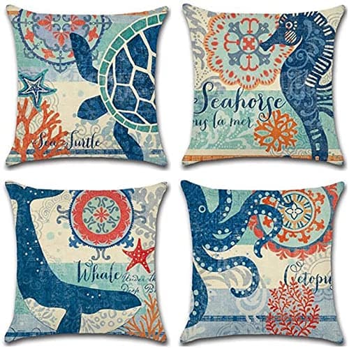 Summer Beach Theme Pillow Covers 18x18, Outdoor Coastal Pillow Case Soft Cotton Linen Blue Nautical Cushion Covers for Patio Couch Home Decoration,4 Pack
