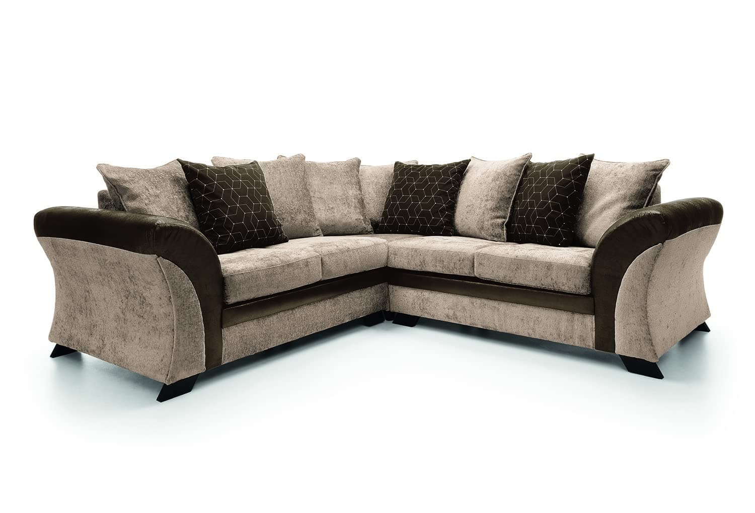 NEW FARROW LEATHER & CHENILLE FABRIC CORNER SOFA IN BROWN & BEIGE (Corner Sofa)