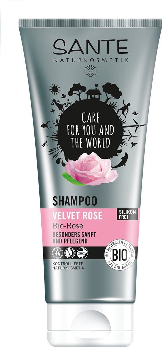 Sante Naturkosmetik Velvet Rose Shampoo Extra Gentle and Nourishing for Any Hair Type, Daily Care 2 x 200 ml Double Pack