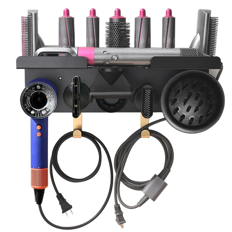 Wall Mount Holder for Dyson Airwrap Styler & HD16 Hair Dryer, 2-in-1 Curling Iron Organizer with Hooks, Magnetic Storage Rack for Accessories Nozzles Barrels Brushes