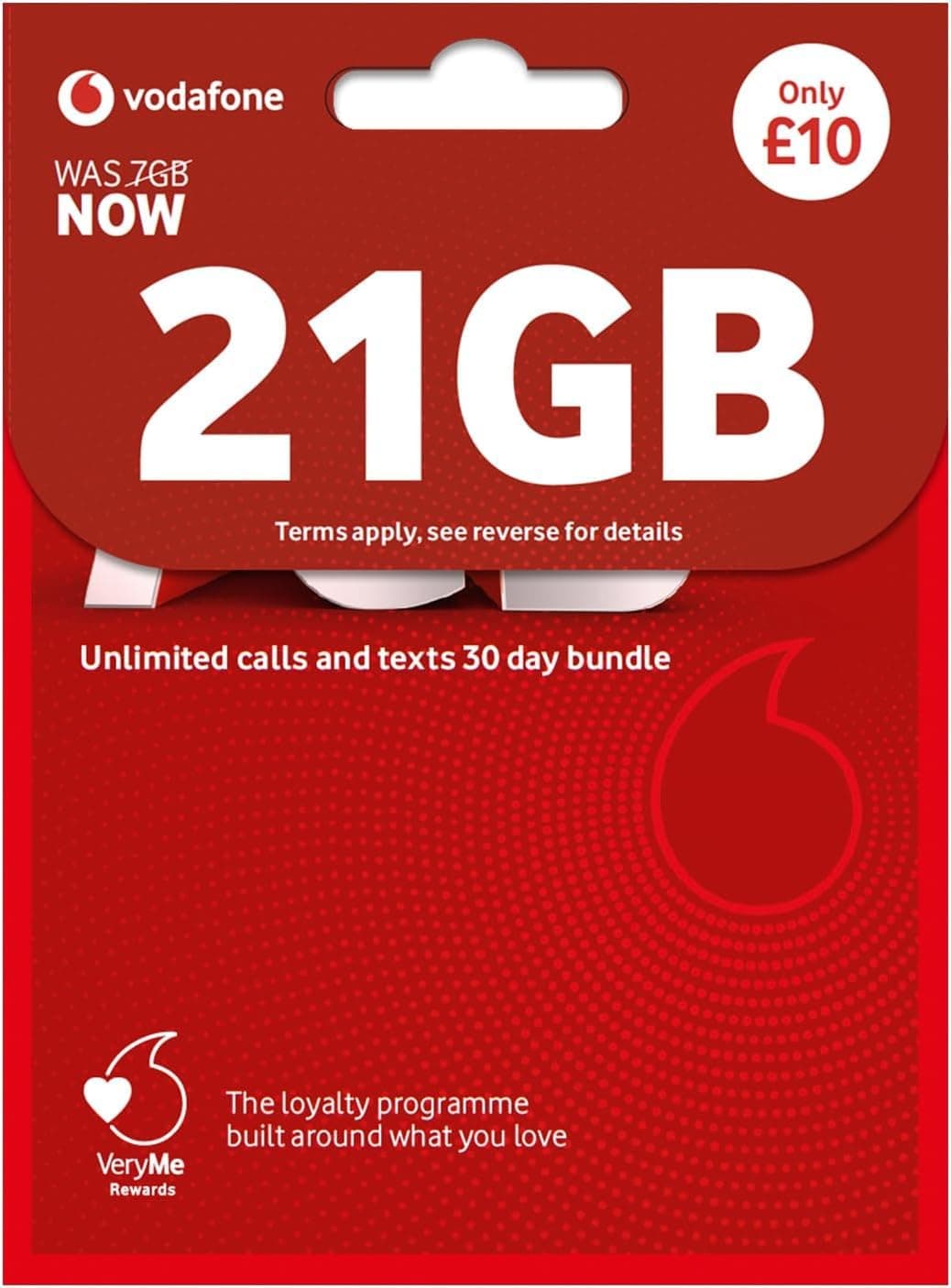 Vodafone 7GB Data Bundle, 30 Day Unlimited Calls and Texts, £10 | Pay As You Go | UK SIM CARD