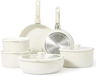 CAROTE12pcs Pots and Pans Set, Nonstick Cookware Set Detachable Handle, Induction Kitchen Cookware Sets Non Stick with Removable Handle, RV Cookware Set, Dishwasher/Oven Safe Cream White