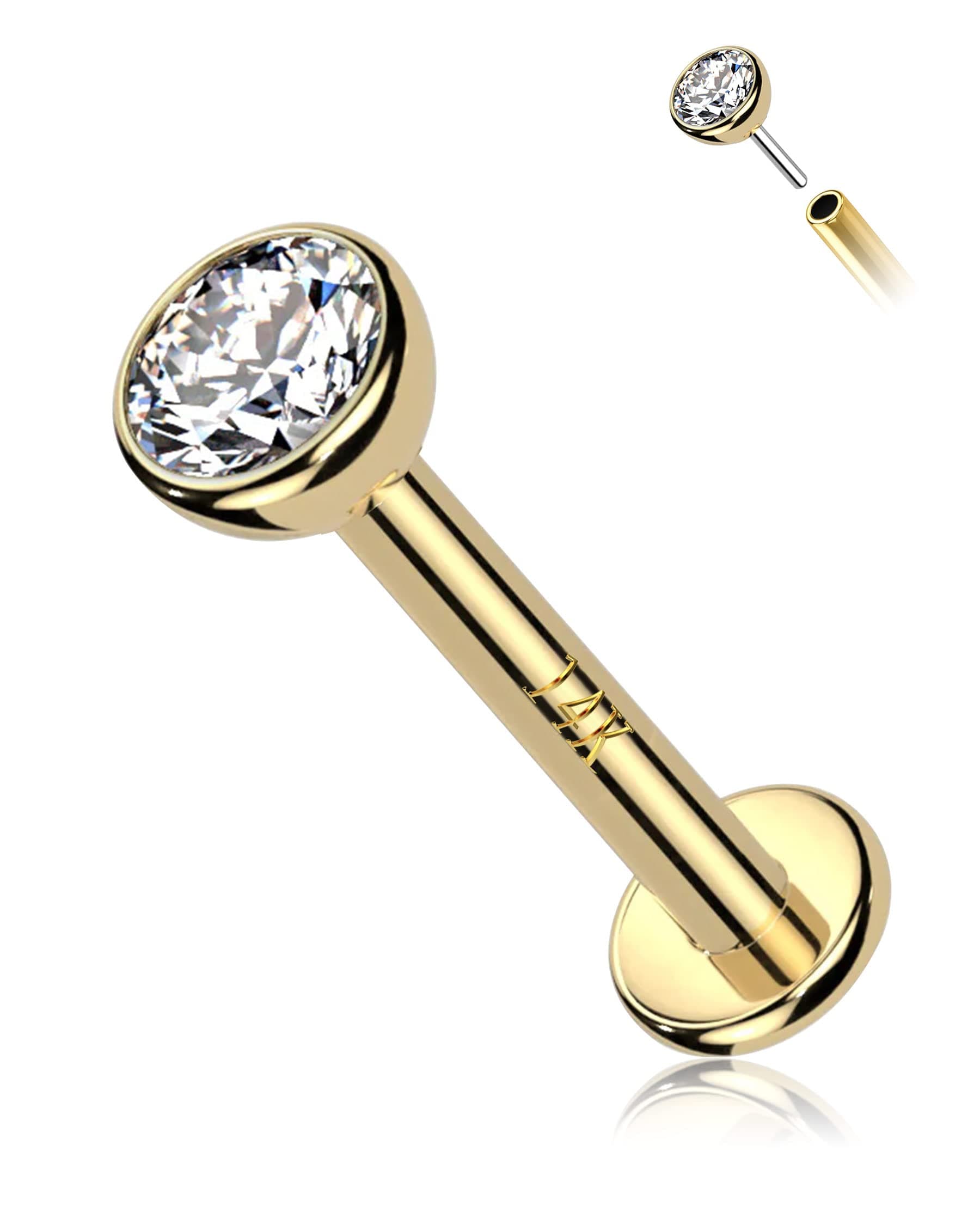 14K Solid Gold Flat Back Earrings, Titanium Threadless Earrings for Women, 16G Gold Tragus Helix Piercing Jewelry, Conch Earrings Labret Jewelry for Women