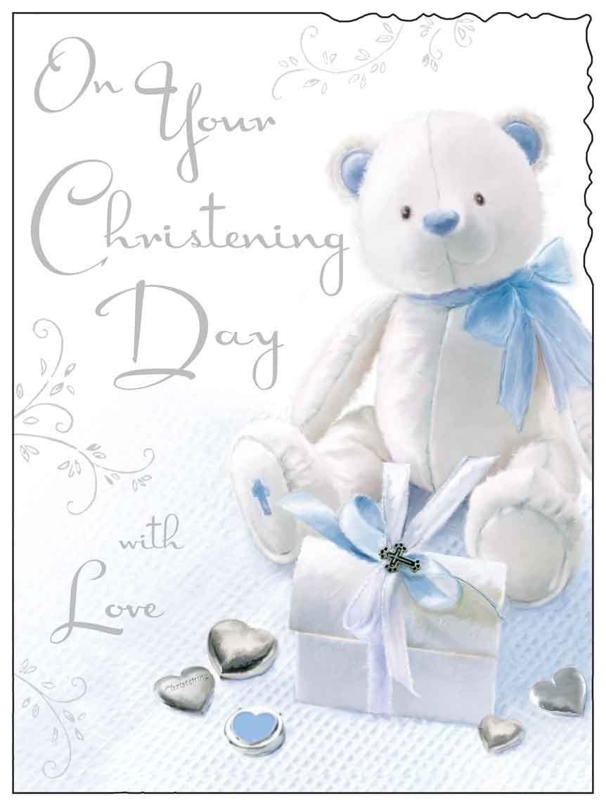 Jonny Javelin Boy Teddy Christening Day Card