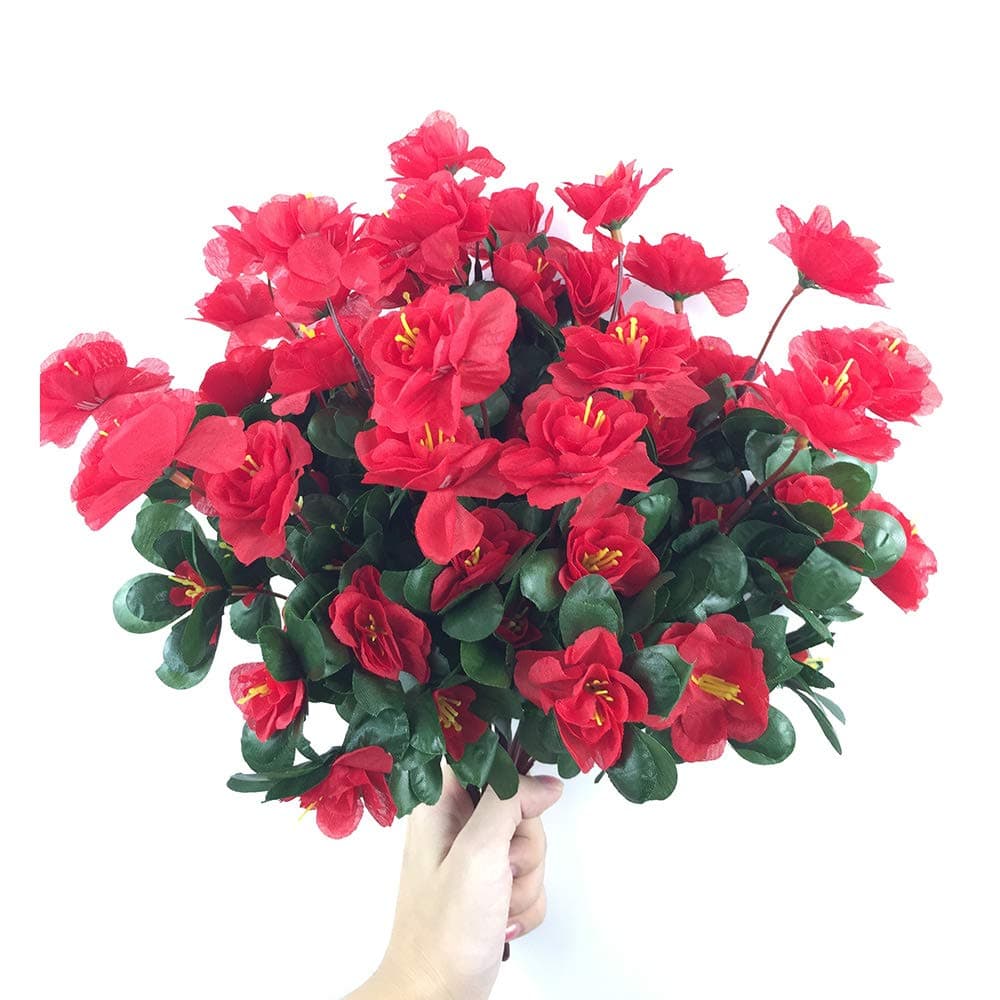 Lopkey Outdoor Indoor Silk Flower Artificial Red Azalea Bush,Red 4pcs