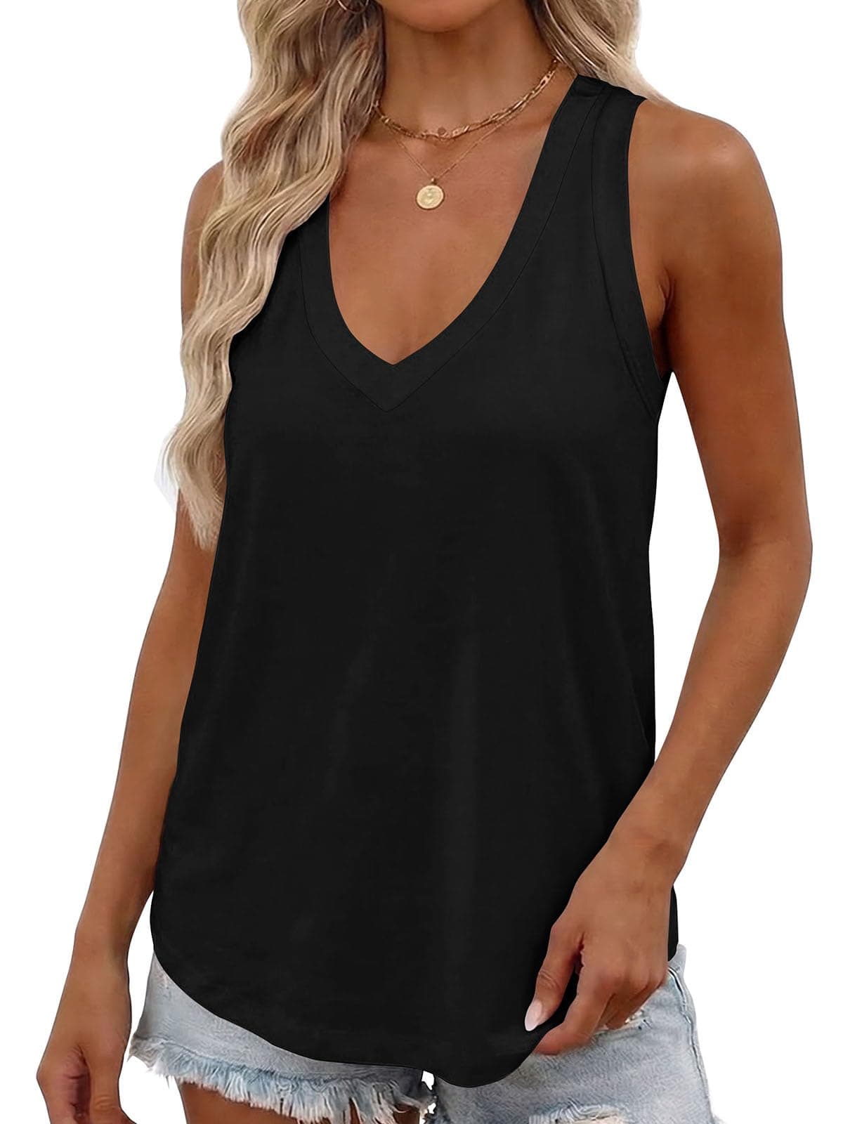 Smile Fish Women Summer Deep V Neck Tank Top Loose Fit Flowy Sleeveless Shirt