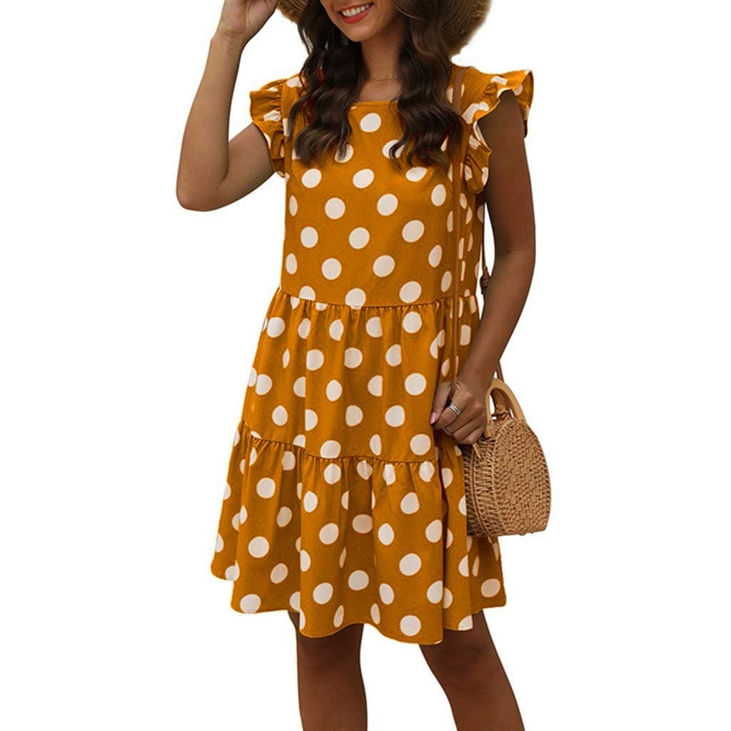 Feytuo 2020 New Women Polka Dot Dresses O-Neck Sleeveless Printing Pleated Stitching Casual Trendy Mini Dress Sale Gift for Lover Plus Size