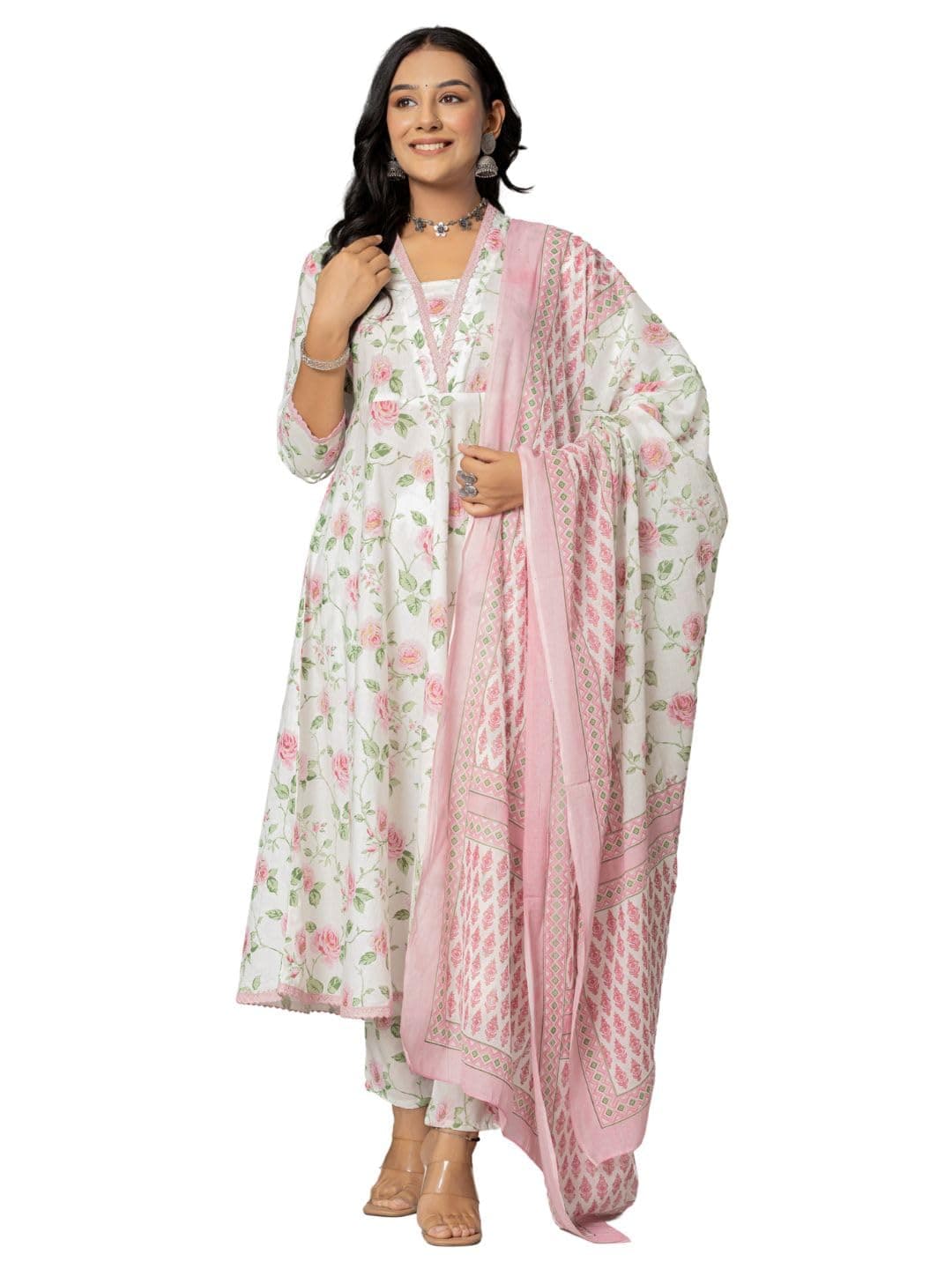 Women's Cotton Printed Anarkali Kurta with Pant and Dupatta