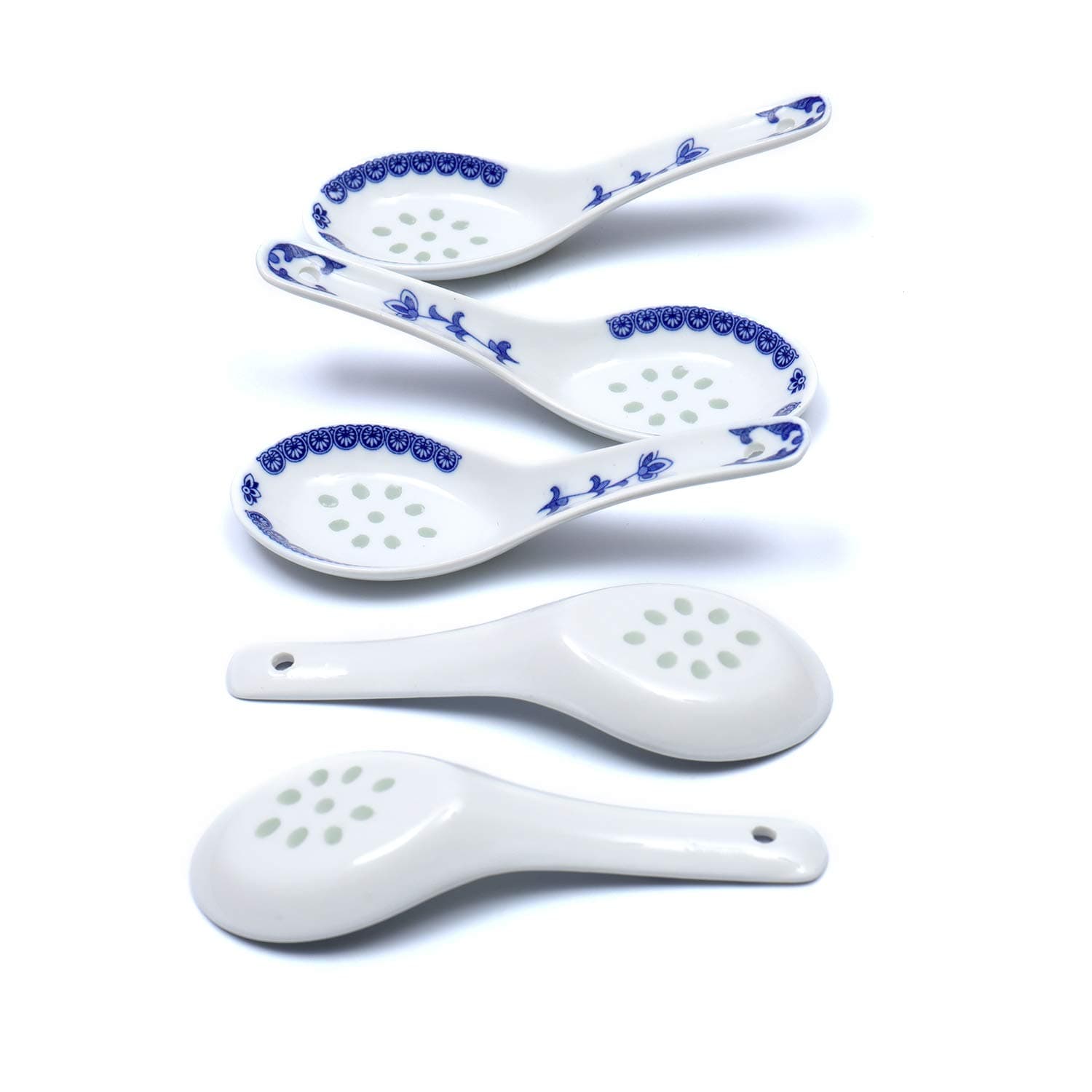 Ceramic Soup Spoons Asian Soup Spoon Set White Japanese Spoon Porcelain Soup Spoons Table Spoons Dinner Spoons Patterned 5.3 Inch Long, Set of 5(flower 2)
