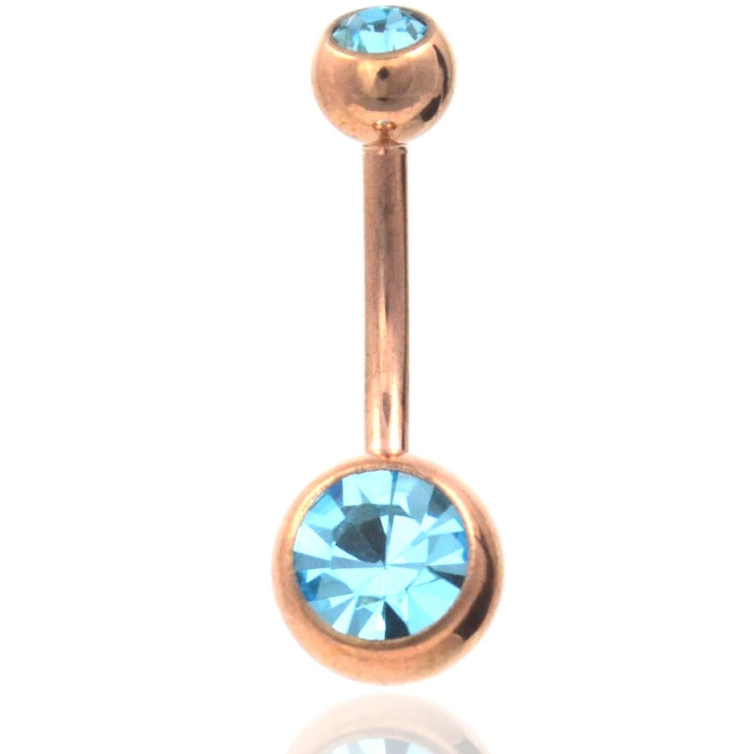 Rose Goldtone IP Steel Two Gem (Aqua) Navel Ring 14G 3/8 Belly Button Piercing Jewelry