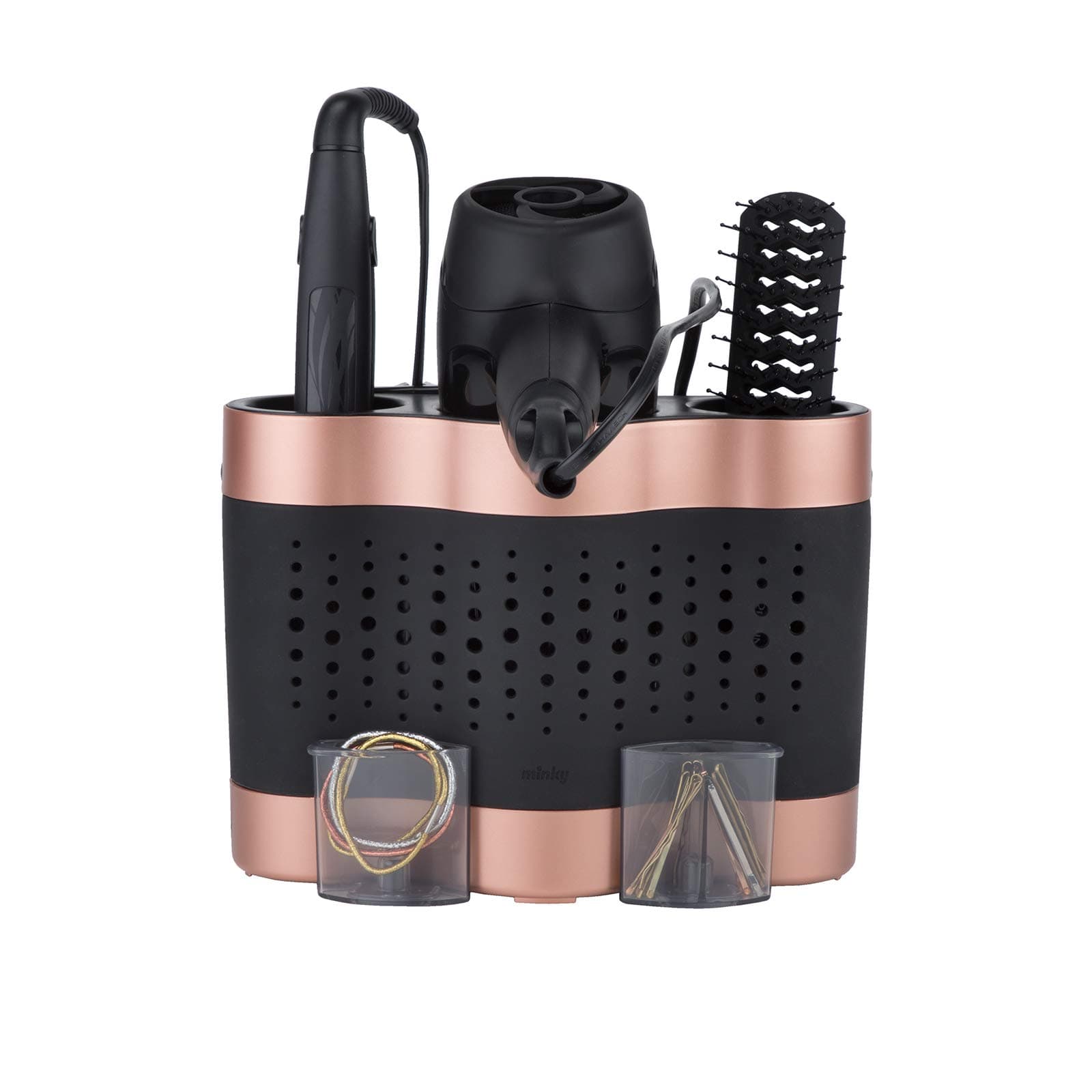 Minky Styling Dock - Silicone Mat Hair Tool Storage, Hair Dryer Holder Organiser - Rose Gold and Black