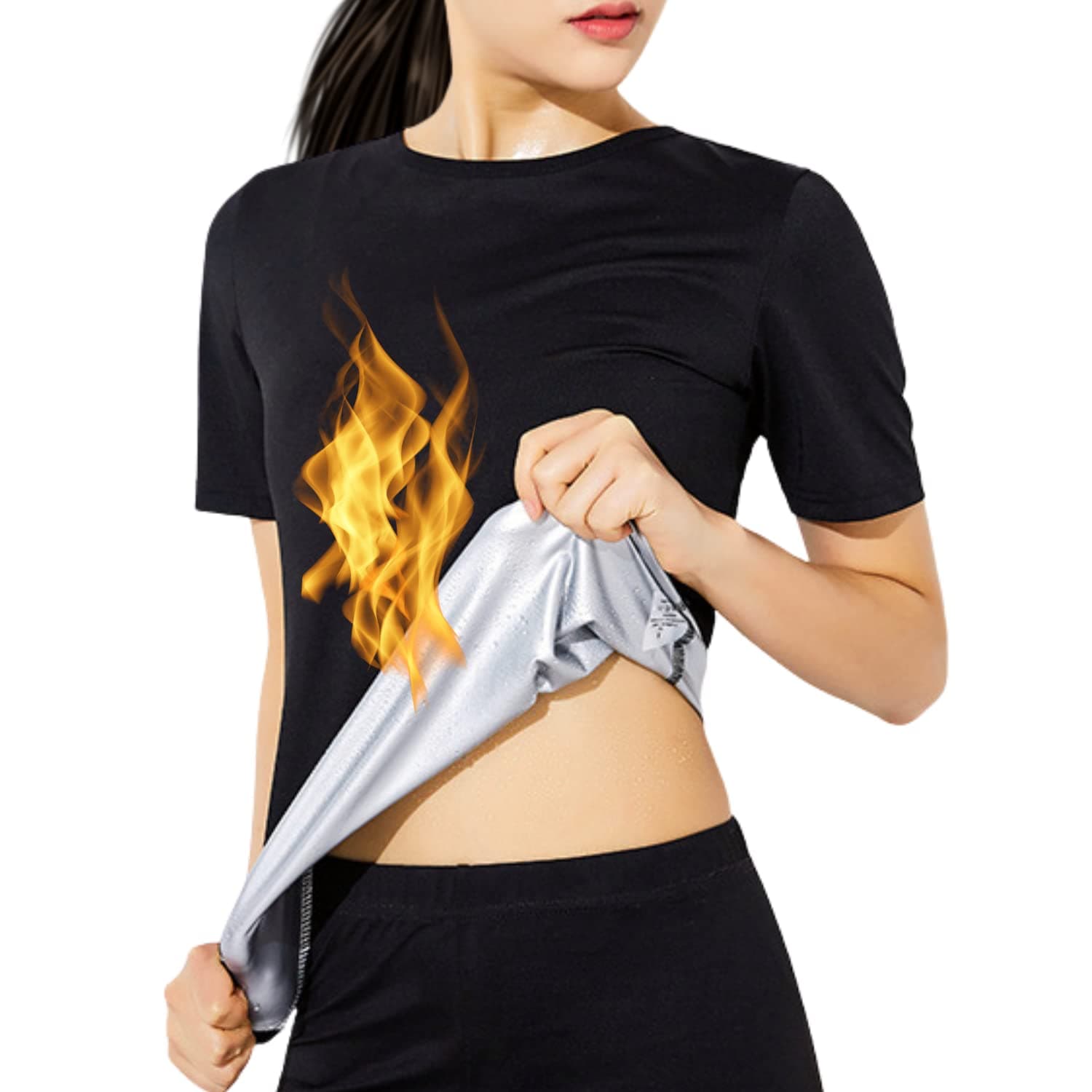 Nano Hertz Sauna Sweat Suit Weight Loss Shapewear Top Waist Trainer Workout Sweatsuit Exercise Short Sleeve Shirt Women Girl