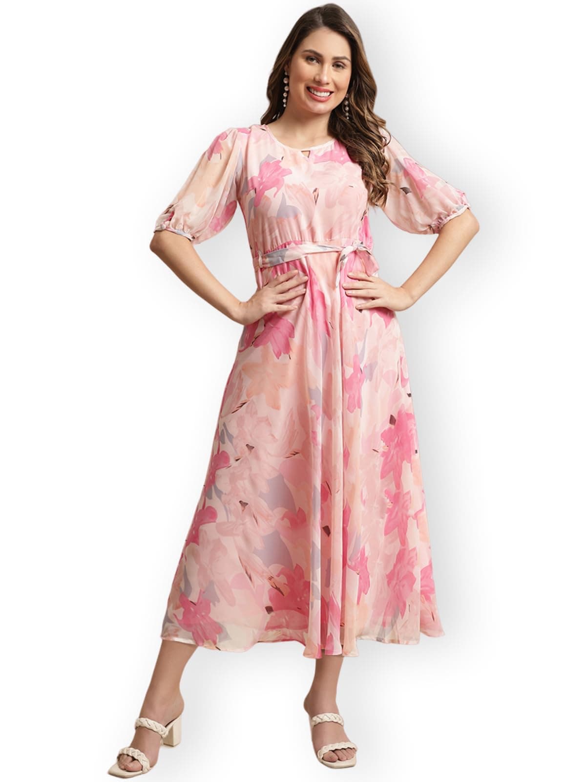 Women's Maxi Fit & Flare Latest Style Print Georgette Regular Sleeves Casual Summer Maxi Dress || Festival & Occasion