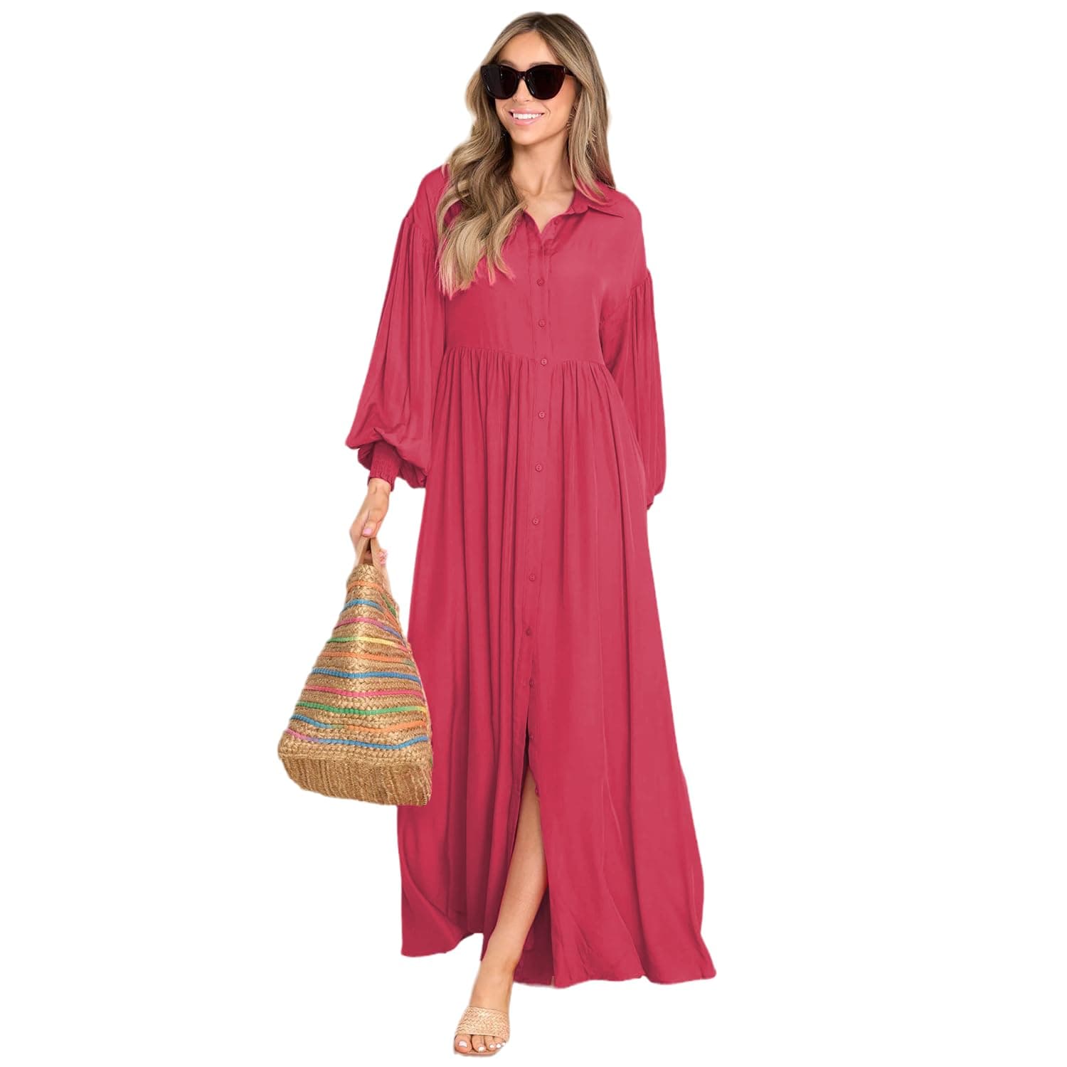 SeocsingWomen's Maxi Shirt Dress Button Down Long Sleeve Casual Flowy A-line Long Dress