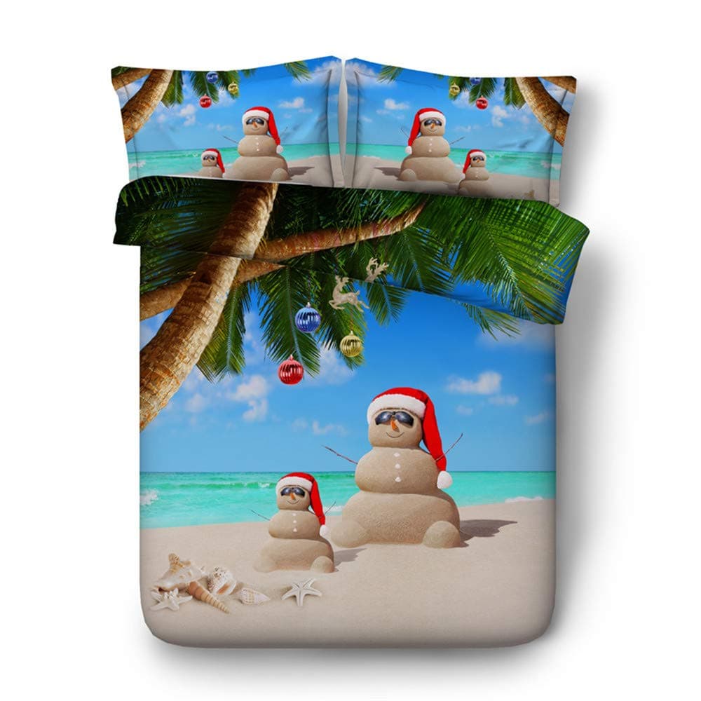 EsyDream Christmas Little Sand People Enjoy Sea Beach Holiday Print Kids Duvet Cover Sets Twin Queen King Sea Beach Palm Tree Christmas Sand People Child Bedding(Super King Size 3pc)