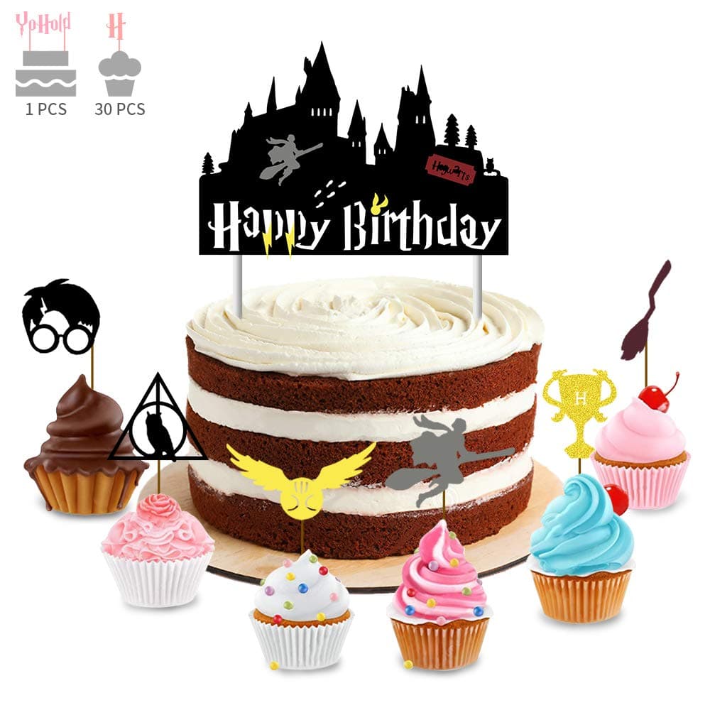 Wizard Cake Topper and Cupcake Topper for Halloween, Wizard Party Supplies Decorations, 1 Pack Wizard Cake Toppers and 30 Pack Magical Cupcake Toppers Set, Black