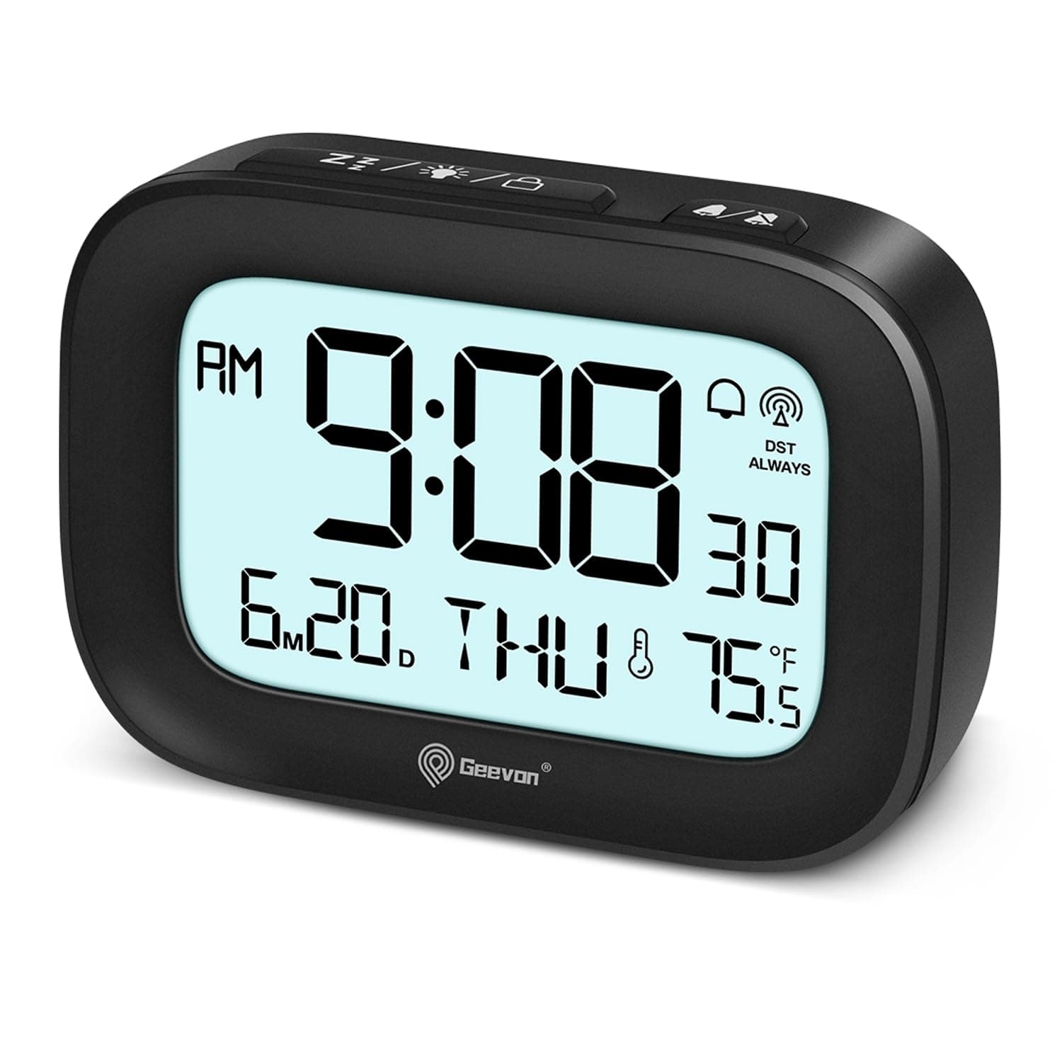 GeevonDigital Alarm Atomic Clock for Bedroom Heavy Sleepers, Mini Cute Desk Table Clock with 10s Backlight, 12/24H, Temp, Small Travel Alarm Clock for Kids Teens Adult Boy Girl, Black