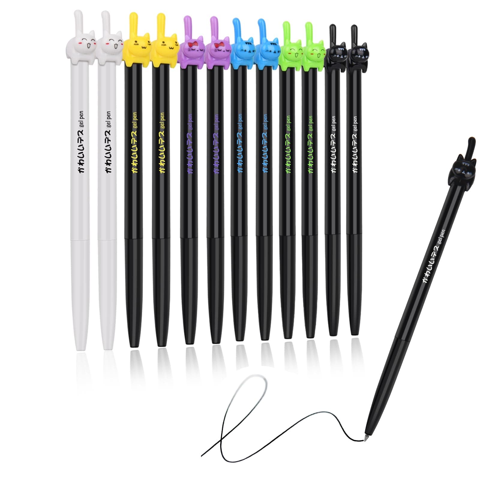 retractable cat gel pens,Fine Point 0.5mm black ink,Cute kitty fun ball point pens for girls School Office Supplies,12pcs fun pens.