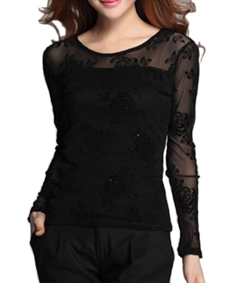 Erlking Women's Floral Sheer Lace Blouse Tops Color Black Size Xs