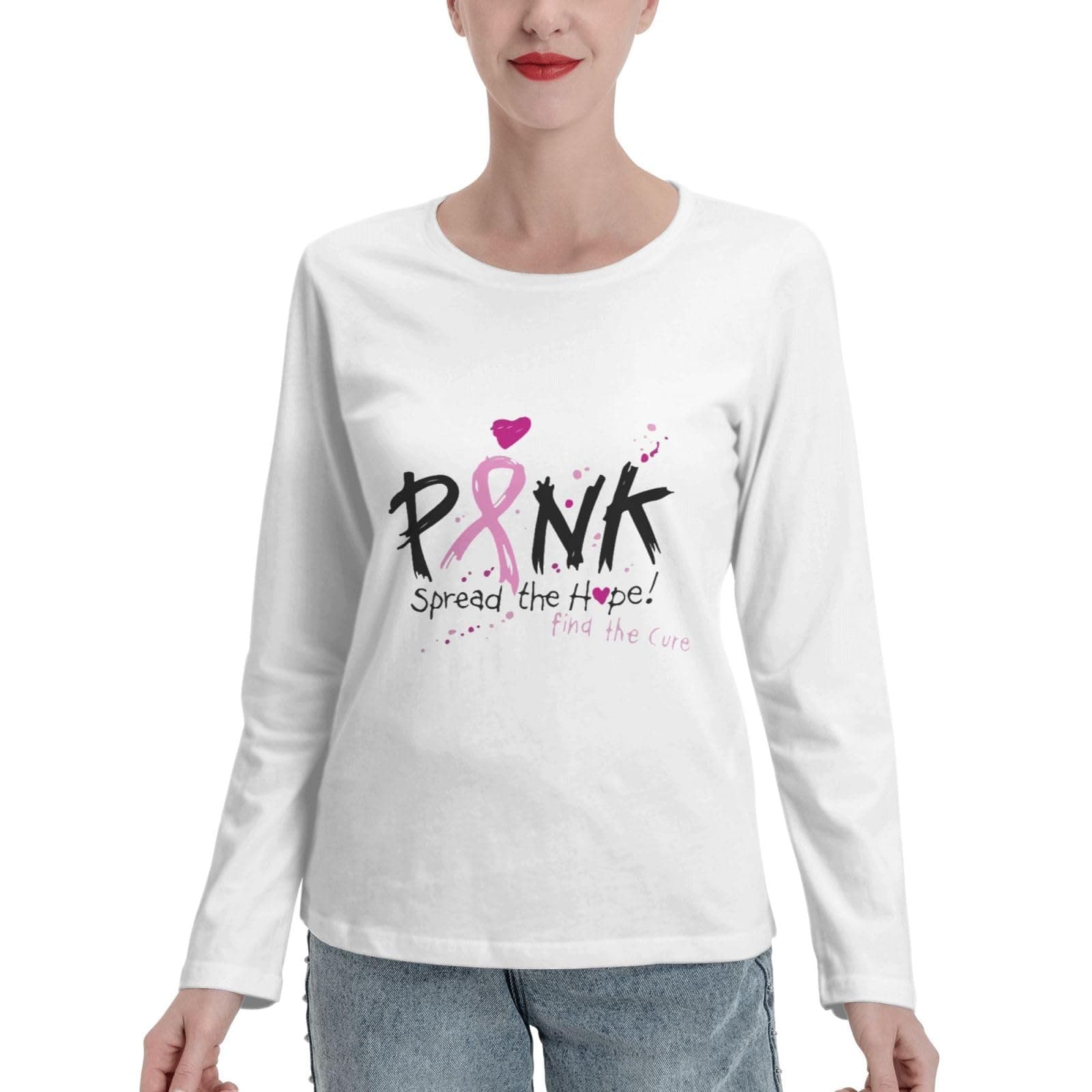 Womens Long Sleeve Cotton Crew-Neck T-Shirt Pink-Breast-Cancer-Awareness Casual Basic Tops Blouse