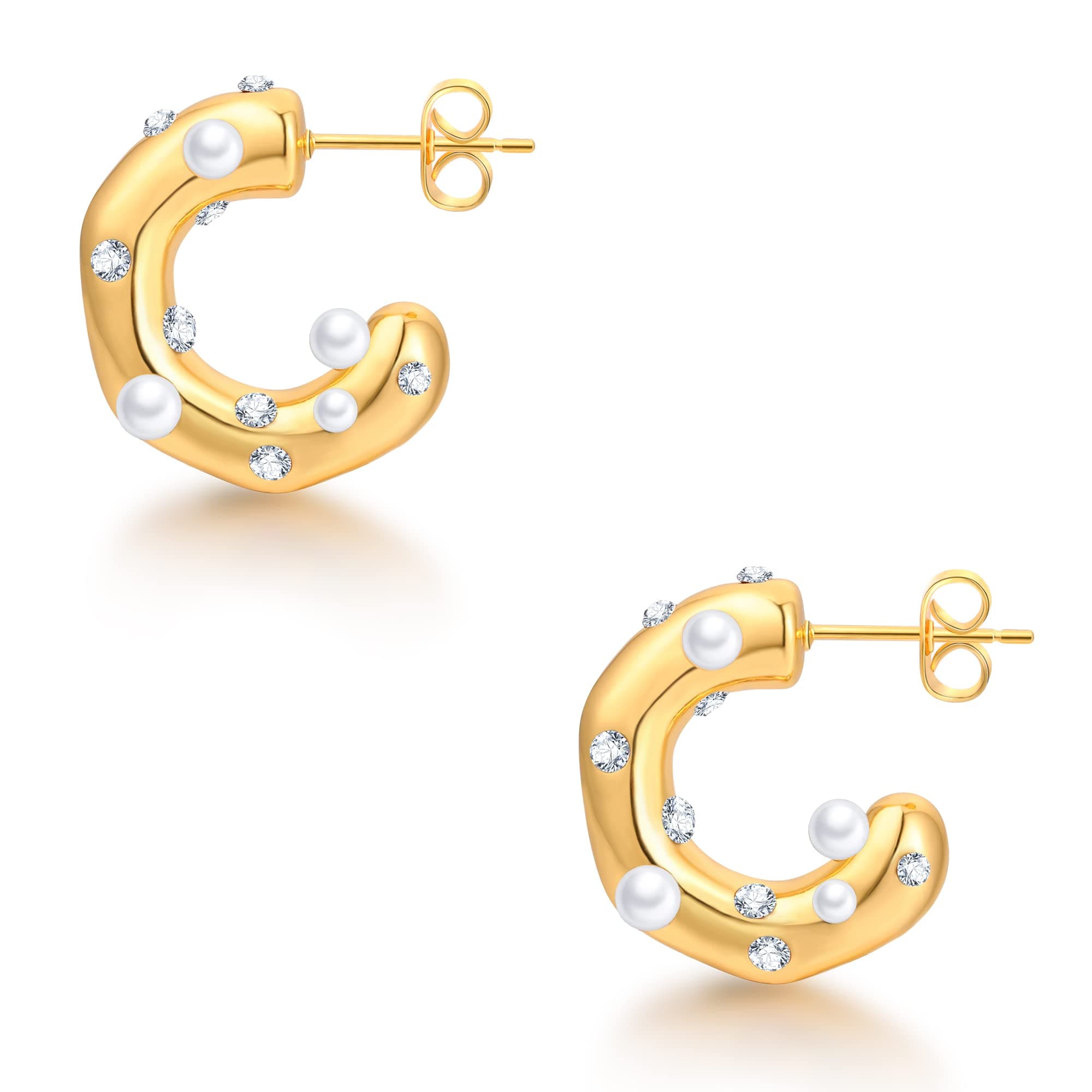 ZOERAYChunky Gold Hoop Earrings for Women,18K Gold Plated Small Thick Open Gold Hoops Trendy Pearl Twisted CZ Earrings for Teen Girls