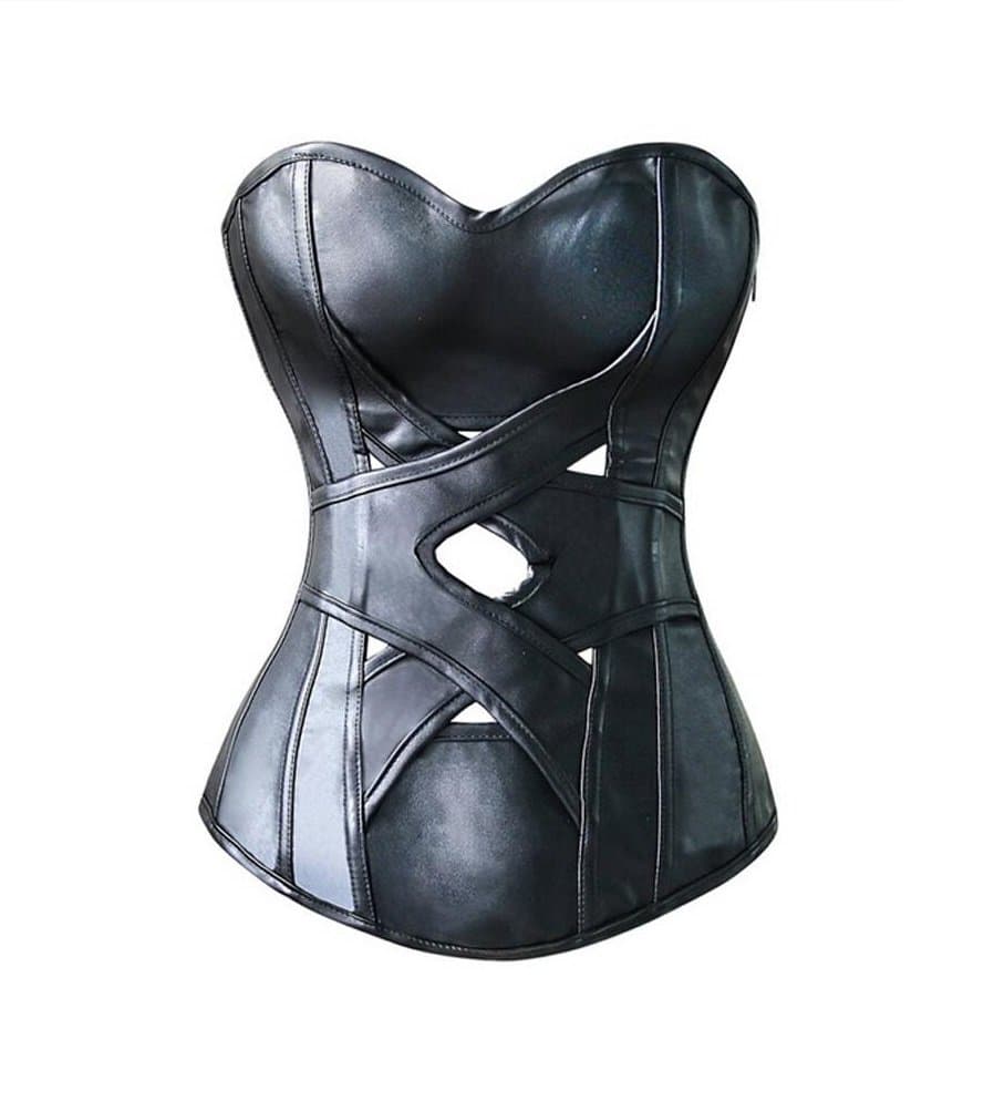 Black Leather Side Zip Fantasy Fashion Costume Waist Cincher Overbust Corset Top