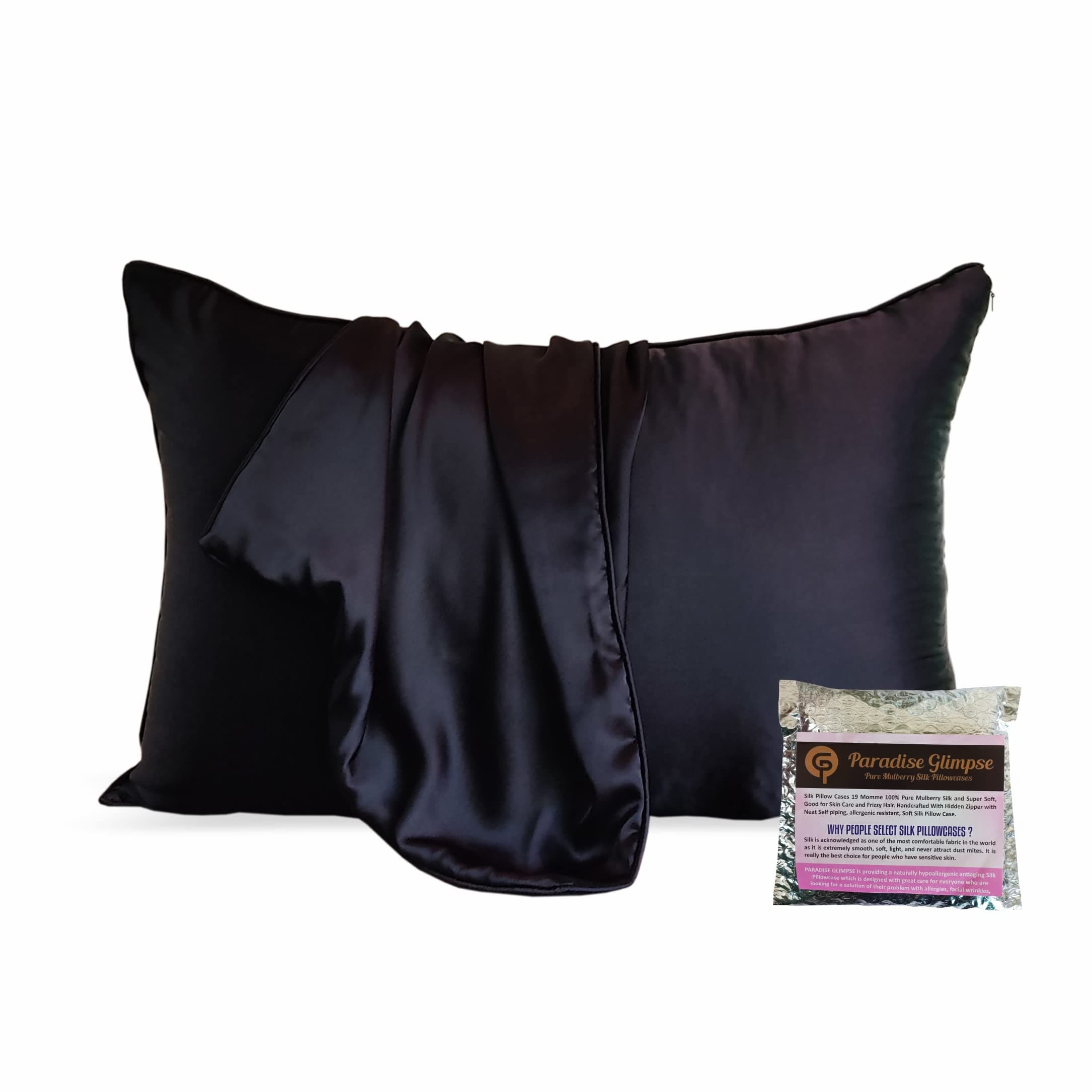 Silk PillowCase 19 Momme 100% Pure Mulberry Charmeuse Silkpillow Good for Skin and Frizzy Hair. Handcrafted Self Piping allergenic resistant (Standard, Midnight Black)