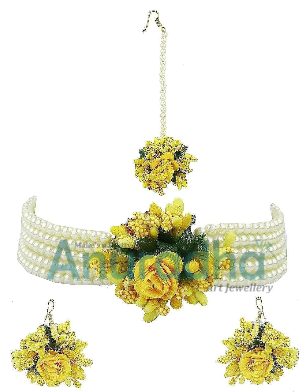 Anuradha Art Jewellery Flower Choker Necklace Set| Pearls Beads Necklace Earrings With Maang Tikka| Baby Shower,Pre-Wedding,Mehndi,Haldi, Godbhari Set, MEDIUM, Metal, Cubic Zirconia